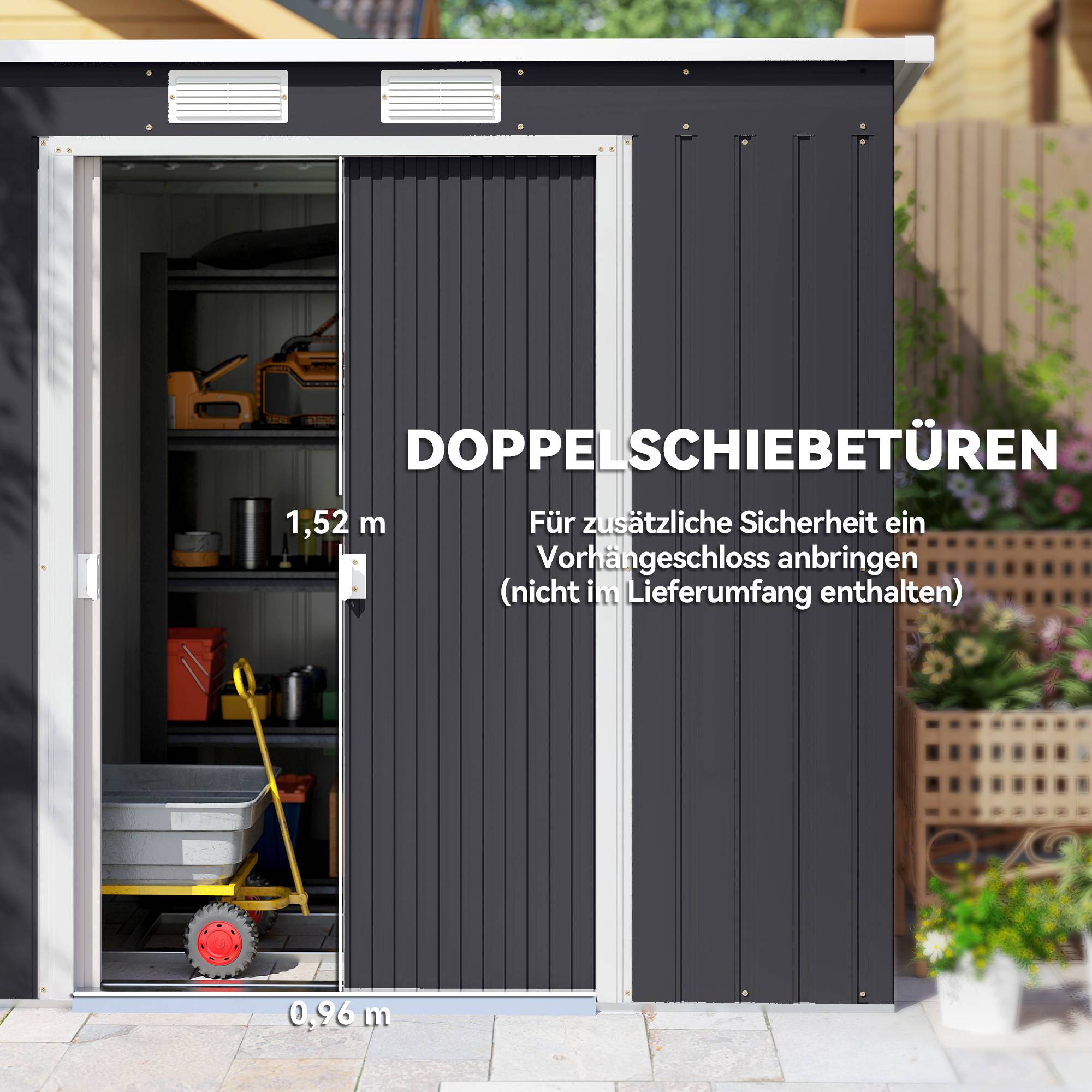 Förråd för utomhusbruk, ventilationsfönster, skjutdörrar, stål, 213x130x172 cm