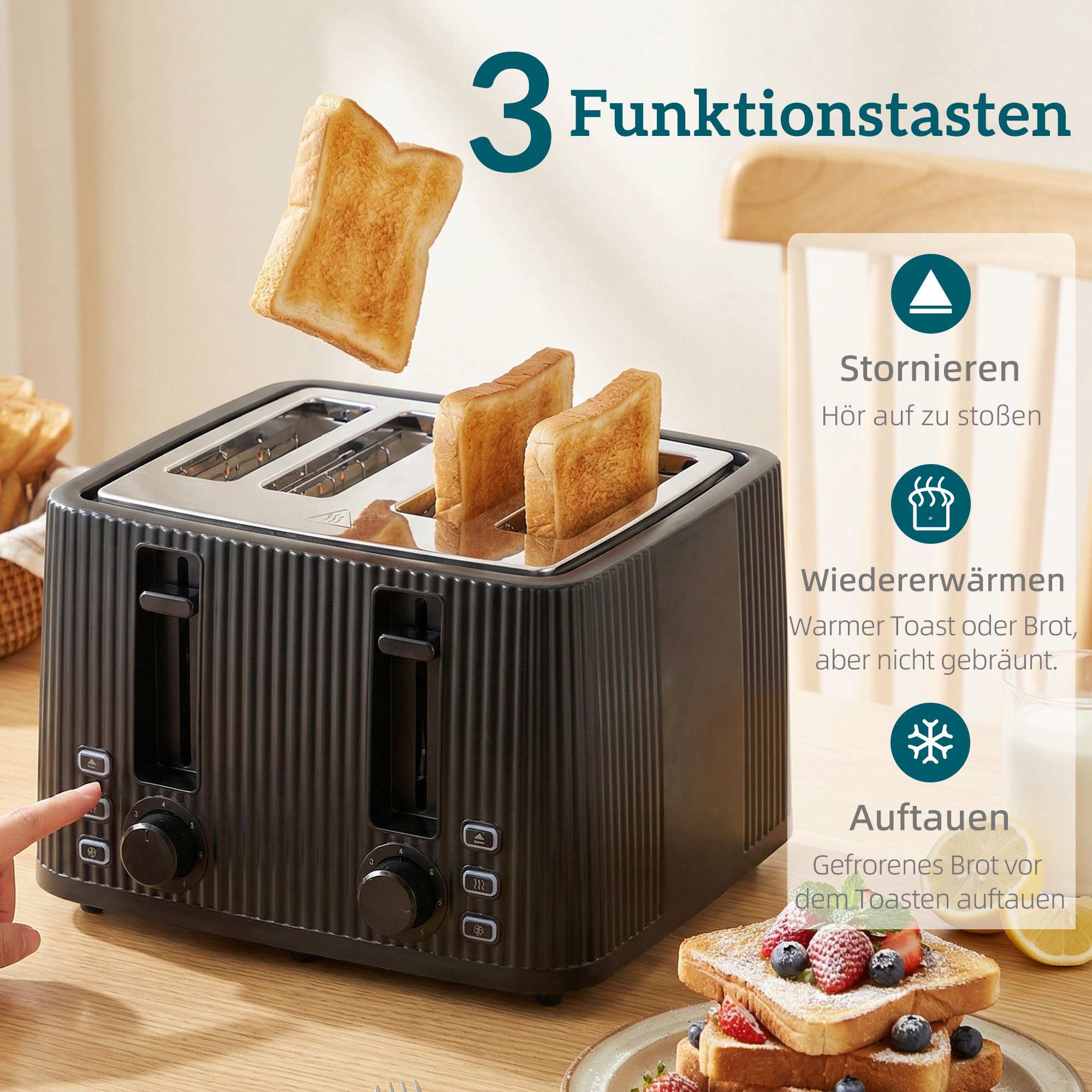 Frukostset: 1,7 l vattenkokare, brödrost för 4 skivor, äggkokare