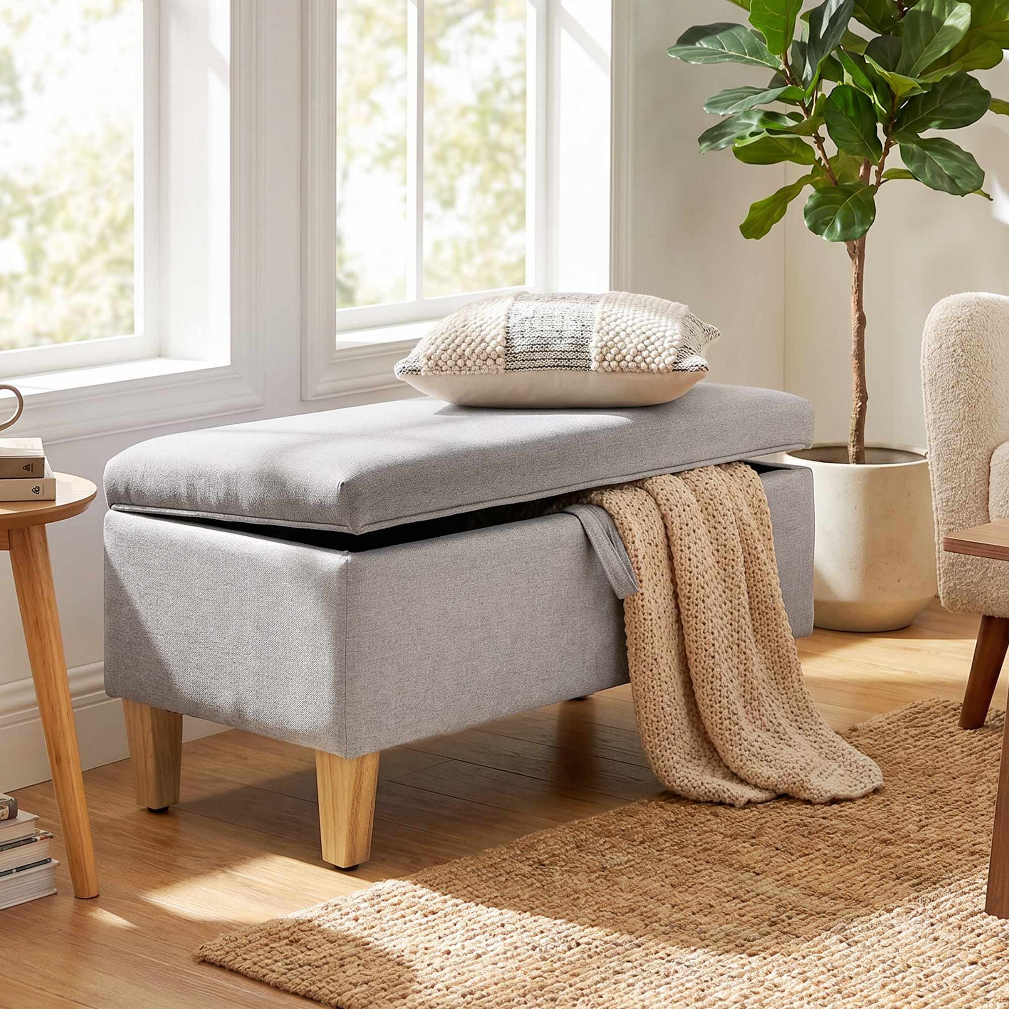 Förvaringsbänk Ottoman, Linne-Look, Ljusgrå 71cm