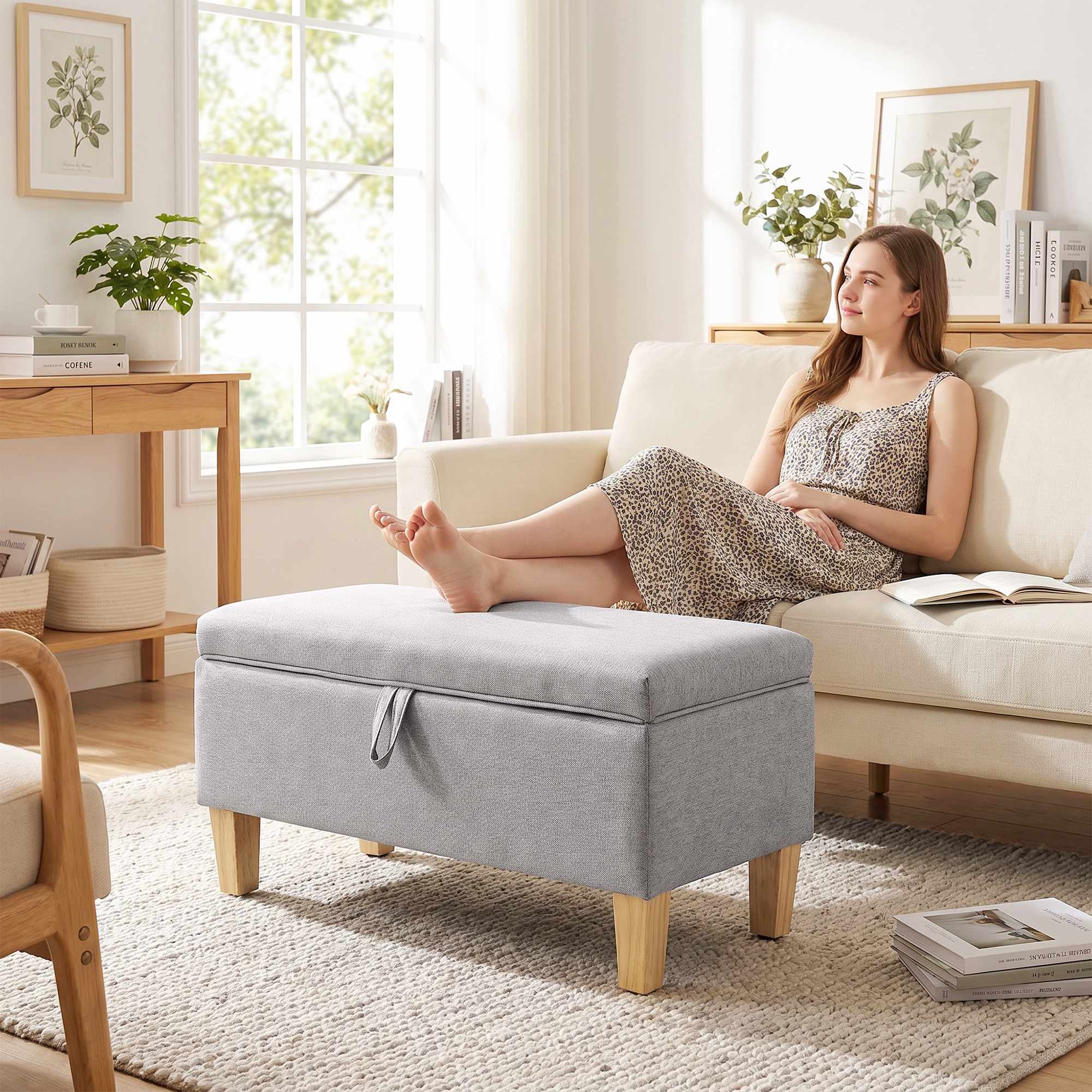 Förvaringsbänk Ottoman, Linne-Look, Ljusgrå 71cm
