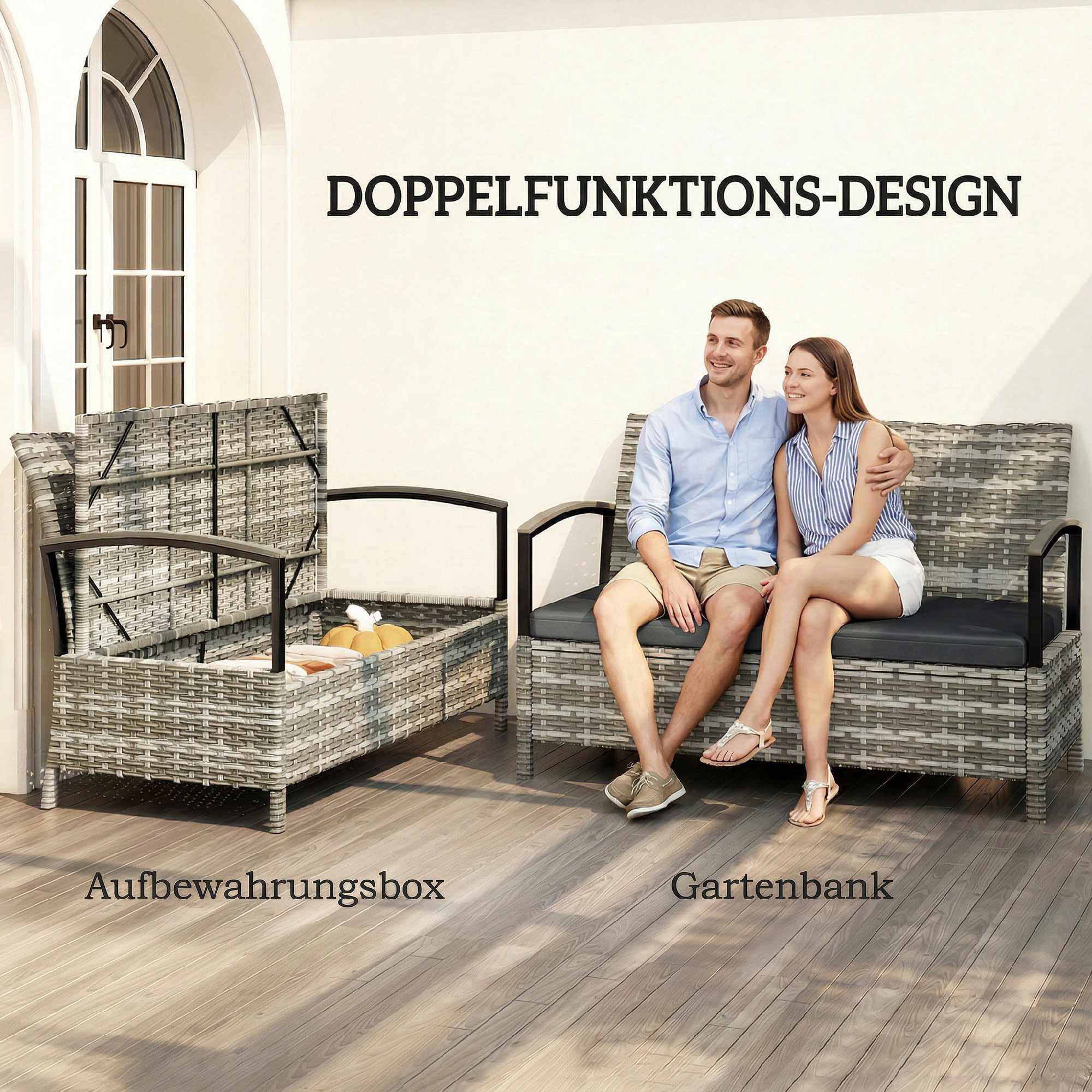 Förvaringsbänk för utomhusbruk, 2-sits med dyna, 125L, mörkgrå