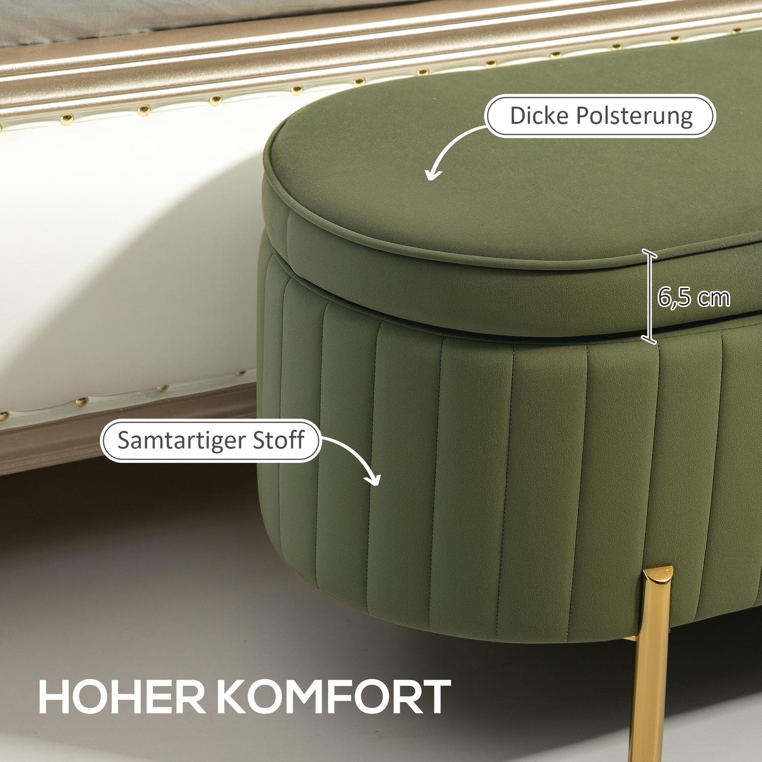 Förvaringsbänk i grön sammet med guldben, 19 gallon kapacitet