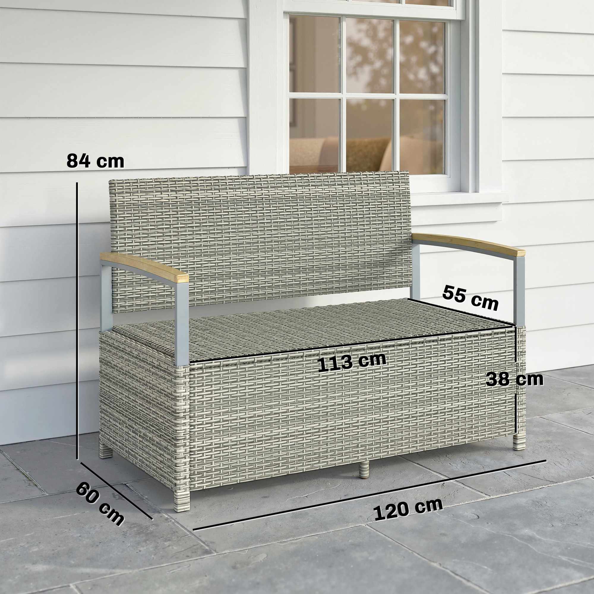 Förvaringsbänk i rotting för utomhusbruk, 2-sits, 170 liters kapacitet