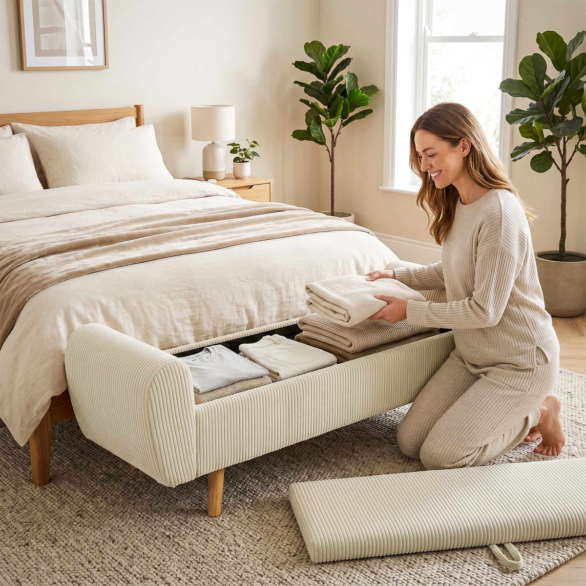 Oppbevaringsbenk med skjult rom, beige kordfløyel, 150 cm