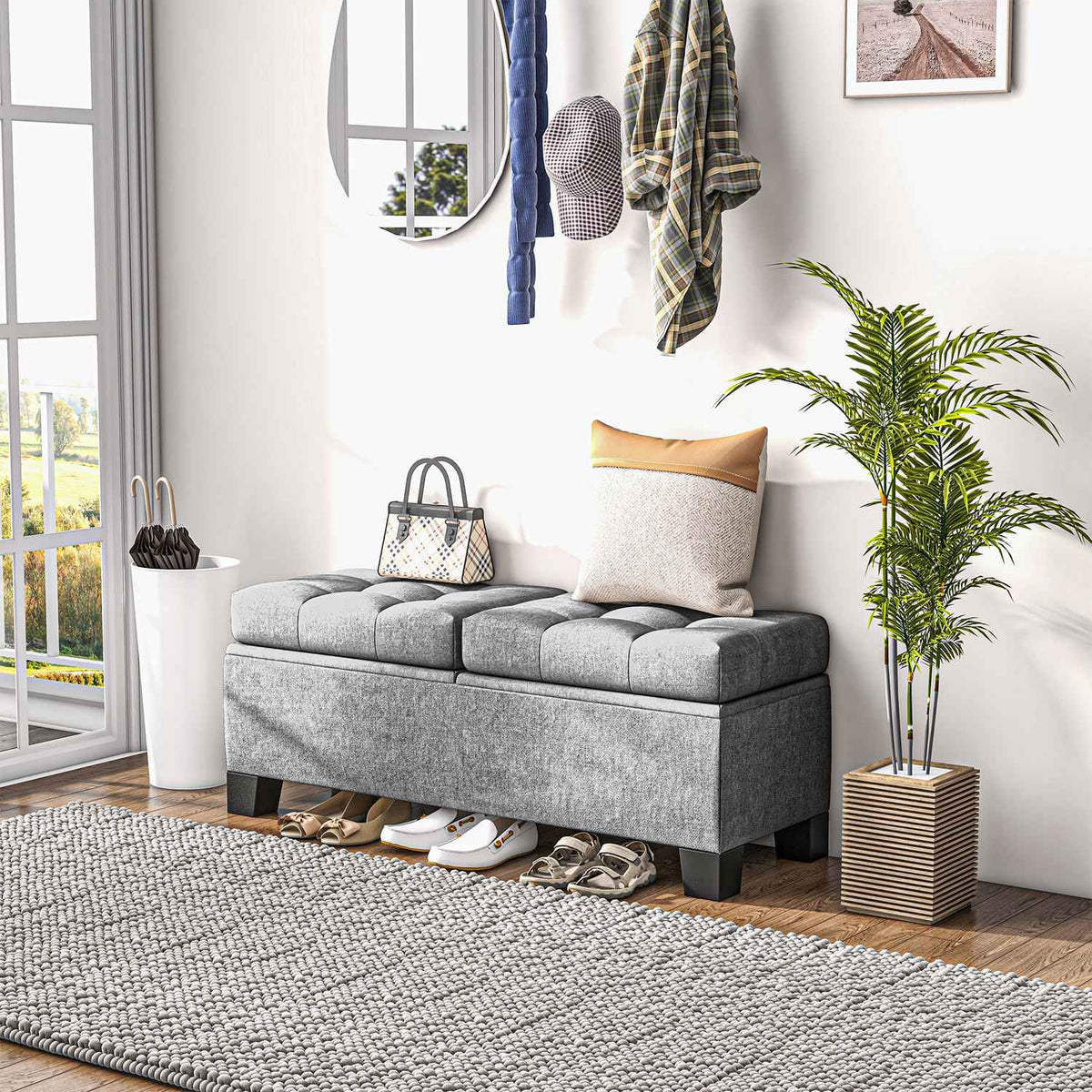Oppbevaringsbenk med linetrekk, 116 cm, grå
