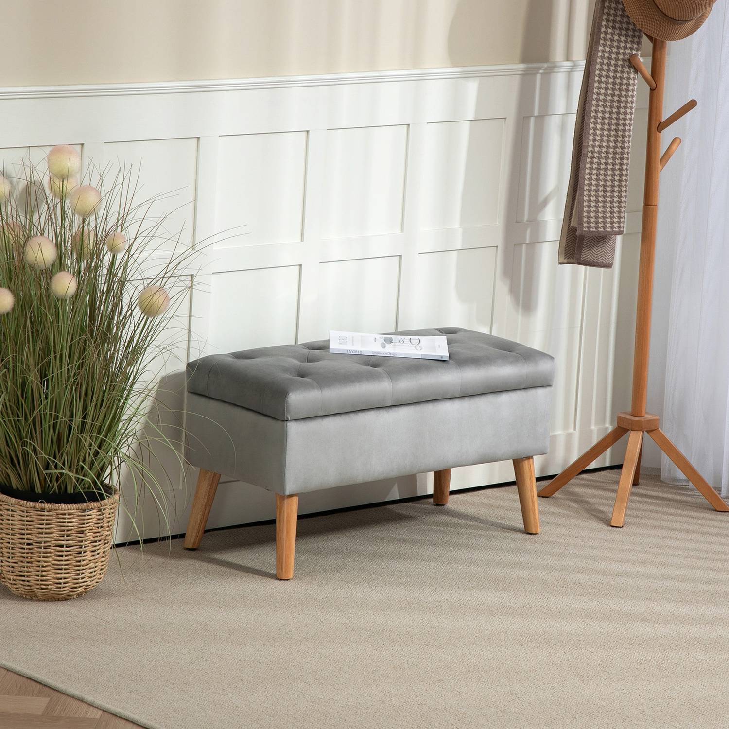 Förvaringsbänk med lock, Grey Velvet Look, 102 x 35 x 43 cm