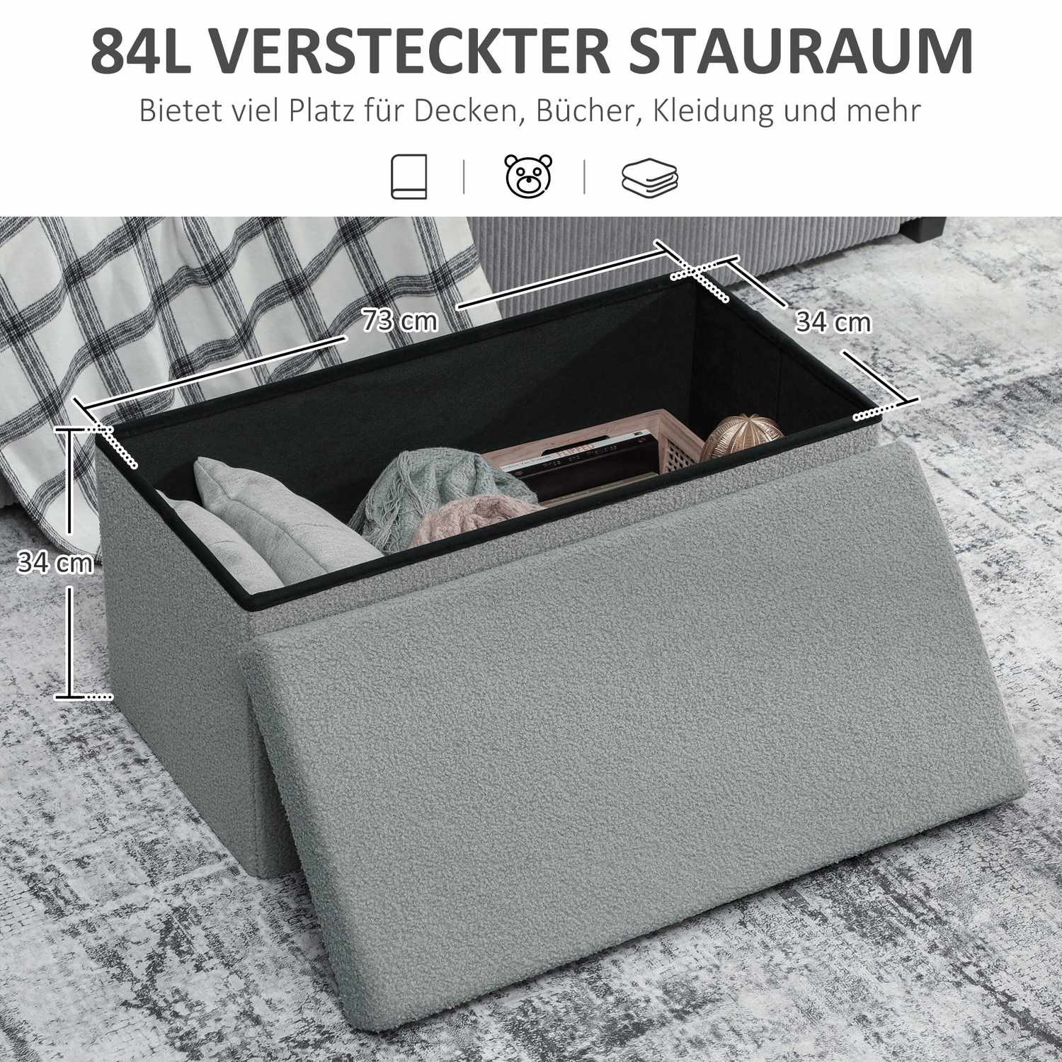 Förvaringsfotpall, Klädd Bänk med Lock, Mörkgrå