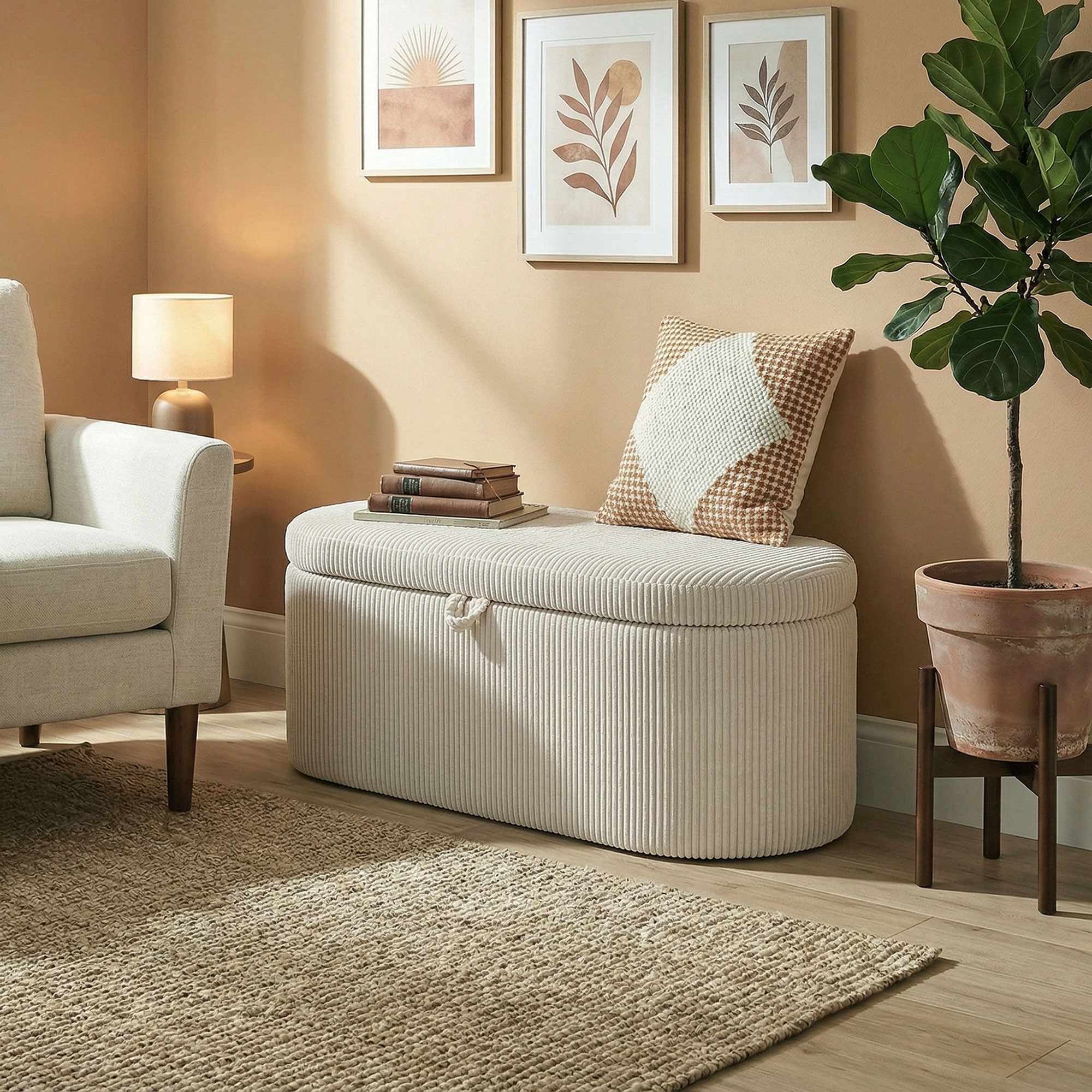 Förvaringsfotpall med snörklädsel, 105 x 51 x 49 cm, Beige