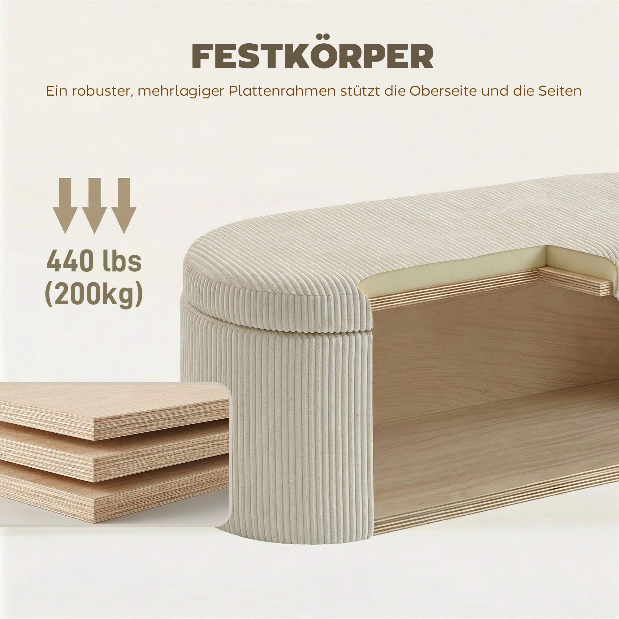 Förvaringsfotpall med snörklädsel, 105 x 51 x 49 cm, Beige