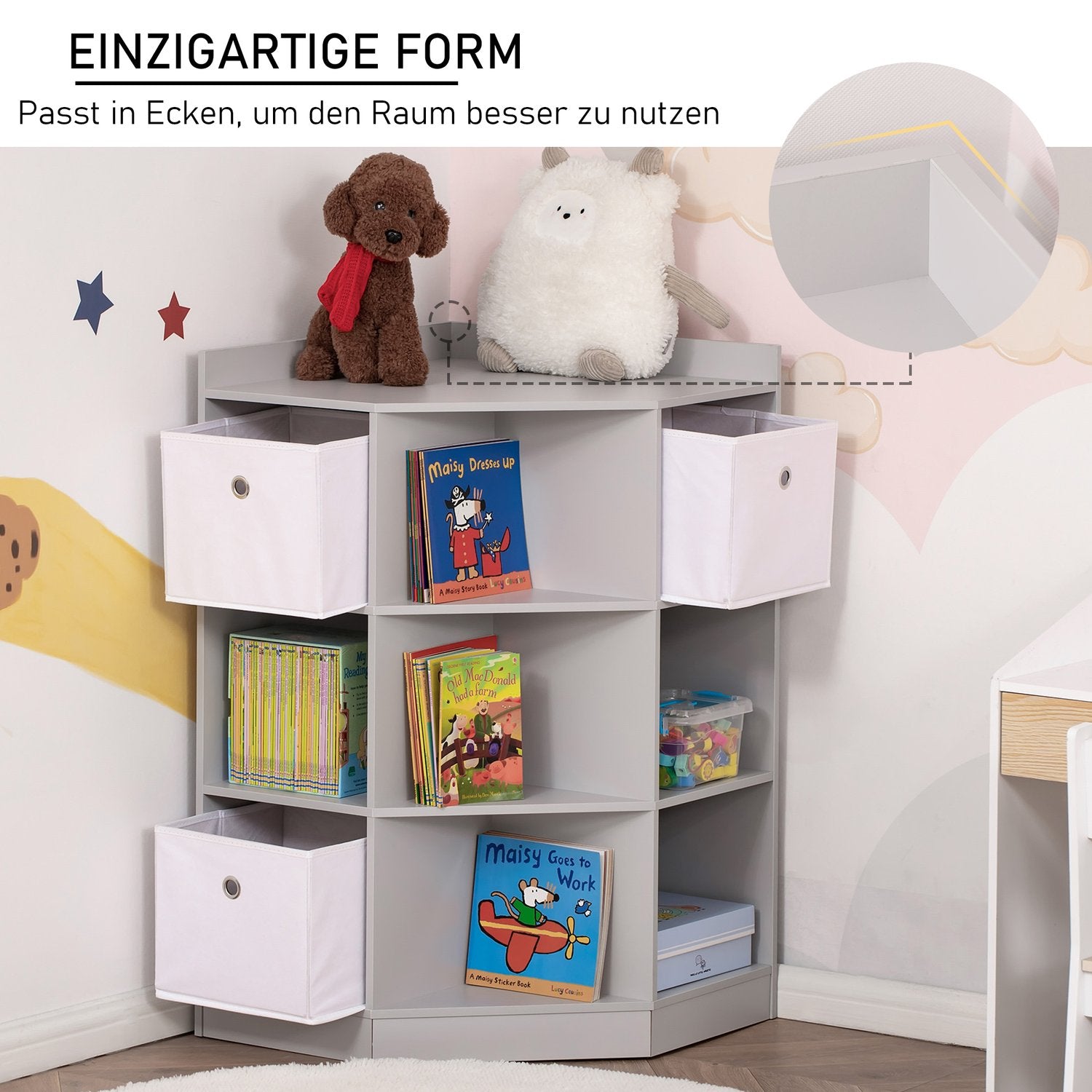 Förvaringshylla för barn, 3 tyglådor, grå MDF