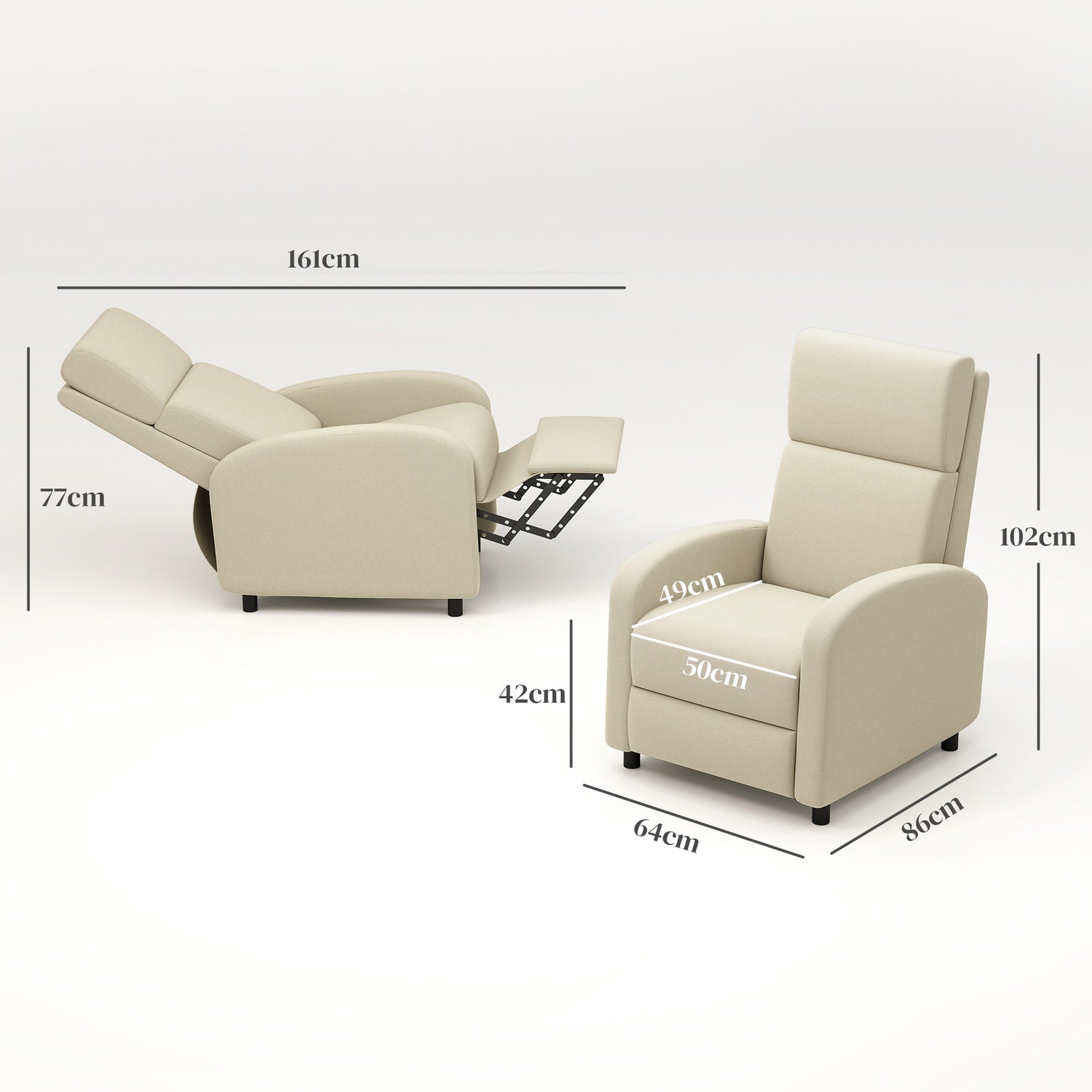 Fåtölj TV-stol, utfällbart fotstöd, lutar upp till 160°, 64 x 86 x 102 cm, kräm