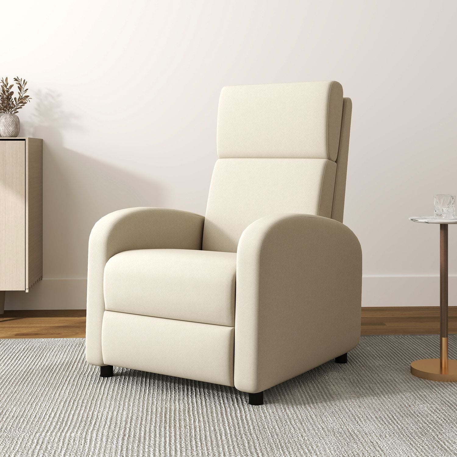 Fåtölj TV-stol, utfällbart fotstöd, lutar upp till 160°, 64 x 86 x 102 cm, kräm