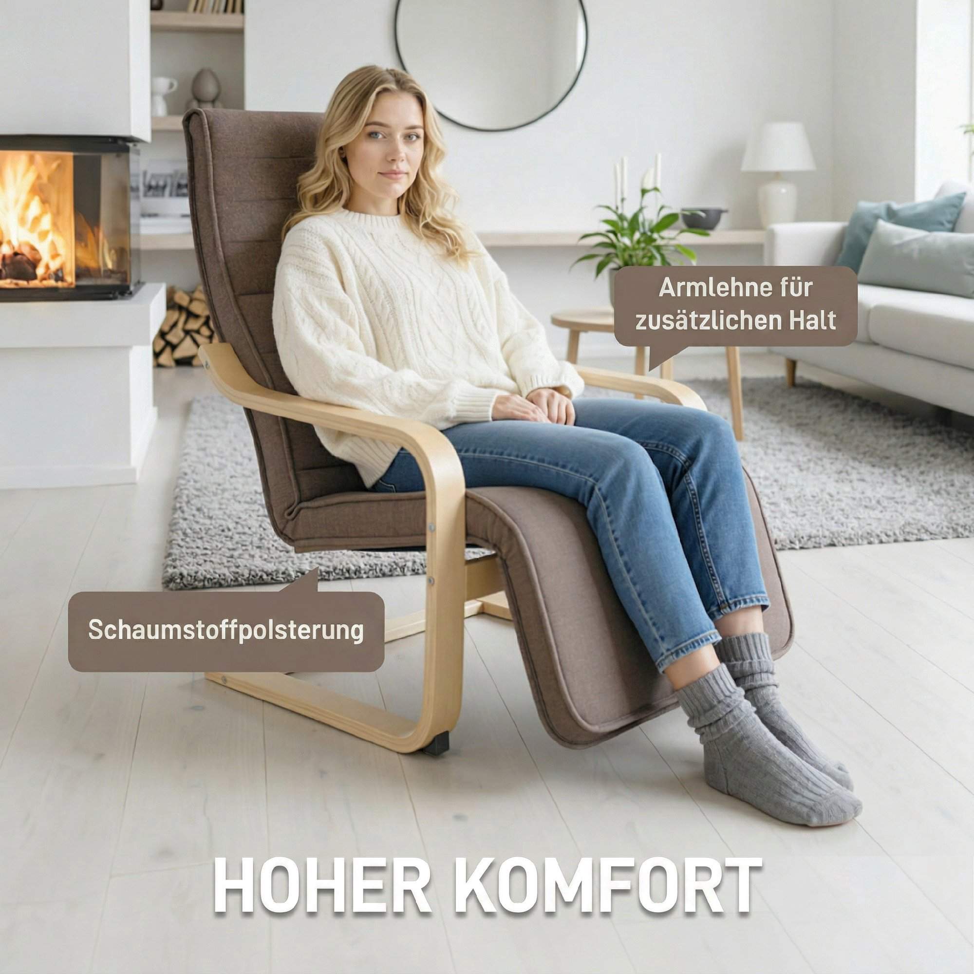 Fåtölj med björkträram, fotstöd med 5 positioner, brun