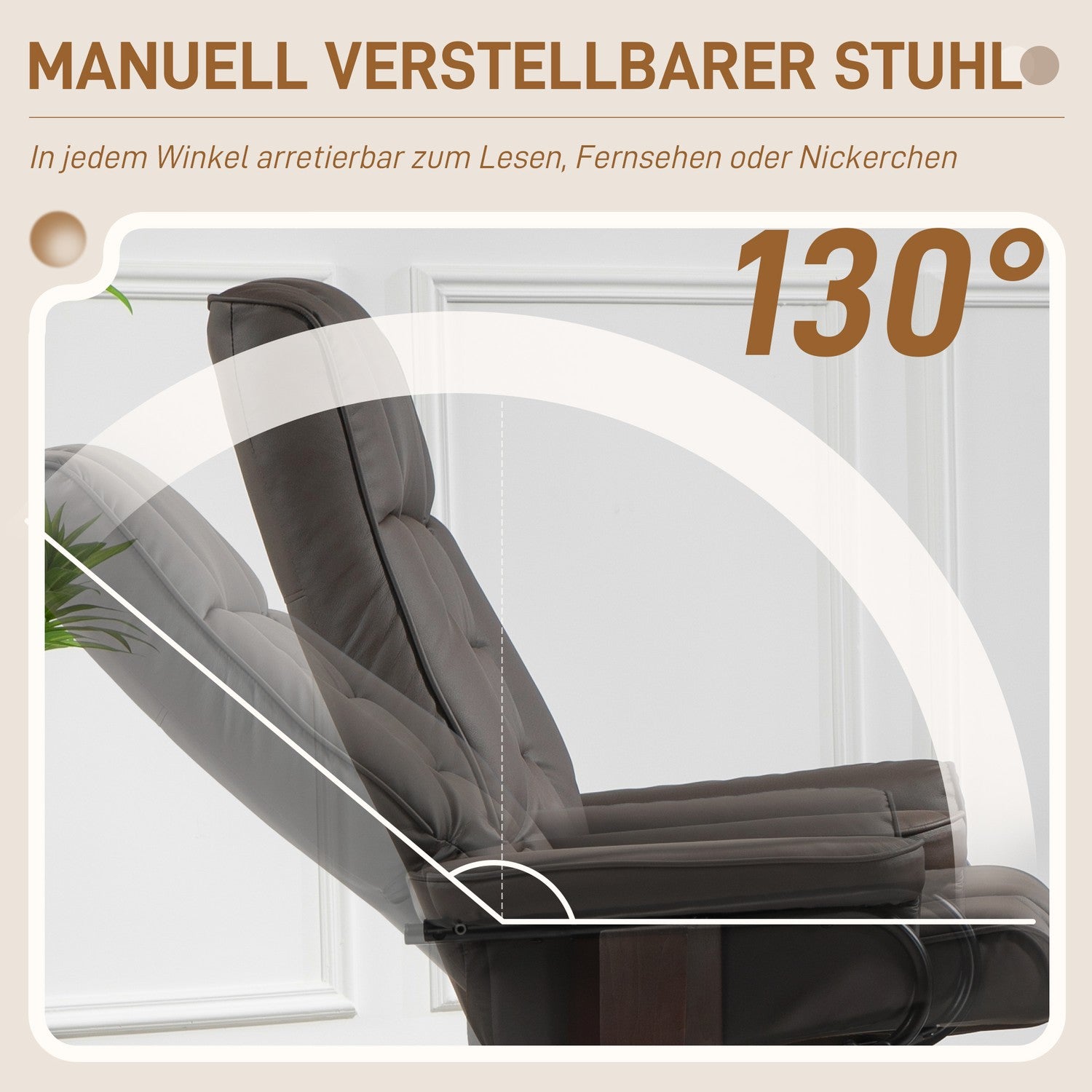 Fåtölj med fotpall, vridbar och tiltbar, fodral i konstläder, upp till 150 kg, träram, brun