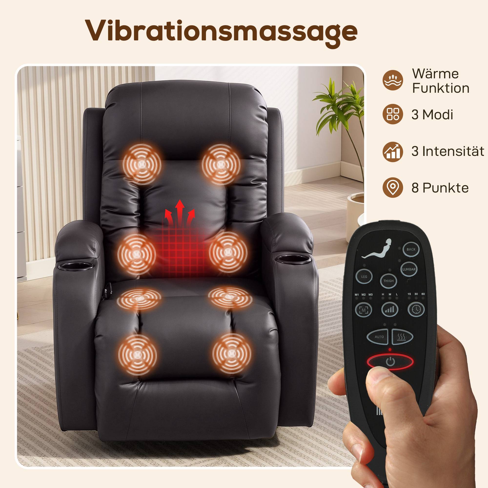 Fåtölj med massage, värme och snurrfunktion, mörkbrun