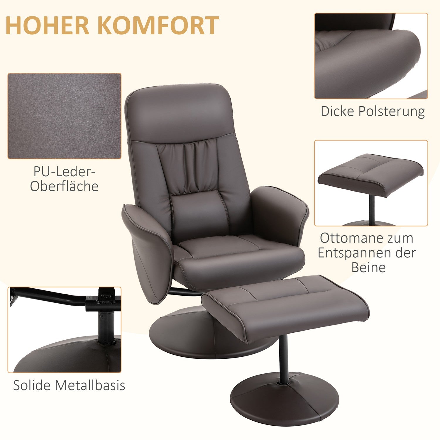 Fåtölj och fotpall, konstläder, brun