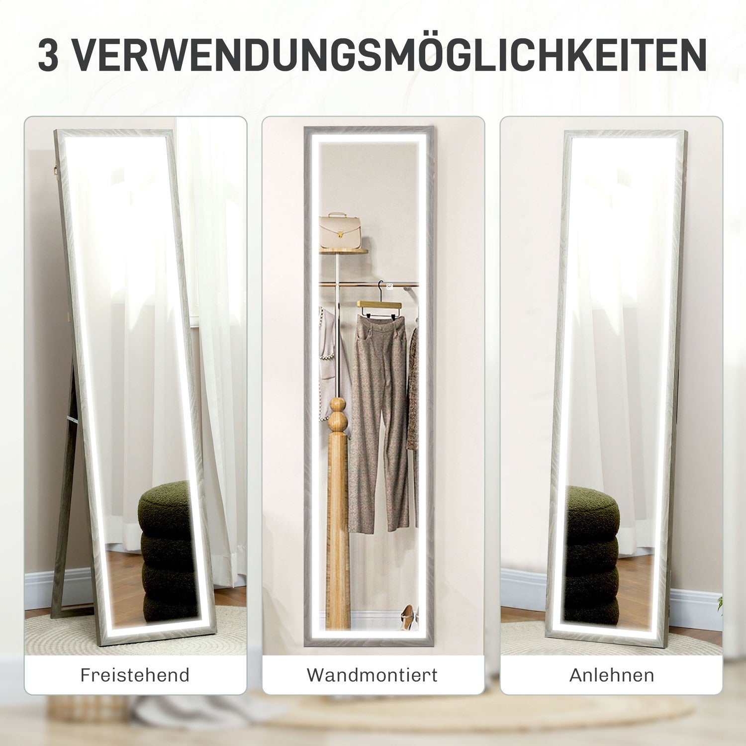 Fullängds LED-spegel, 40x160 cm, Touch Control, Dimbar