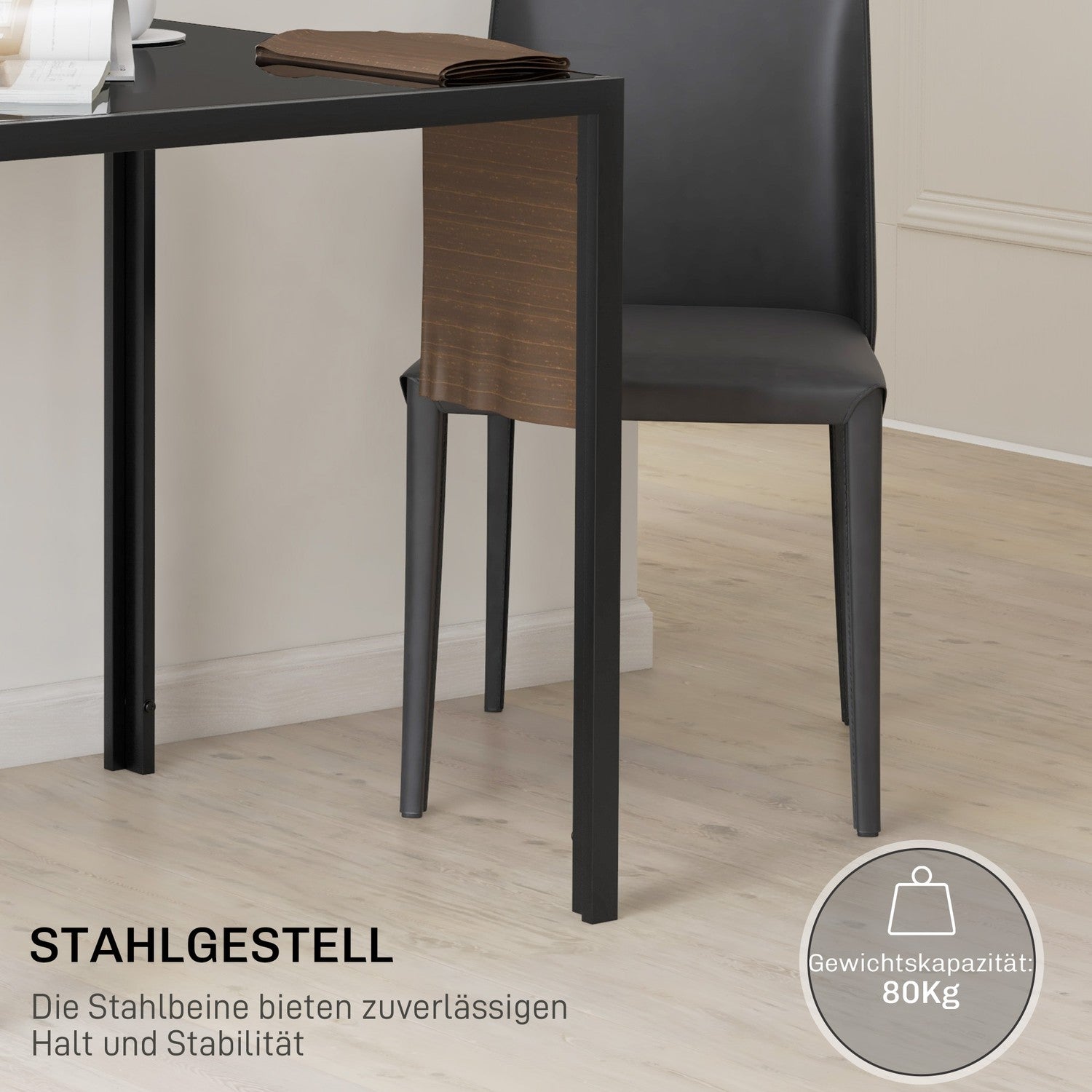 Fyrkantigt matbord i glas för 4, 80 kg Kapacitet, Svart