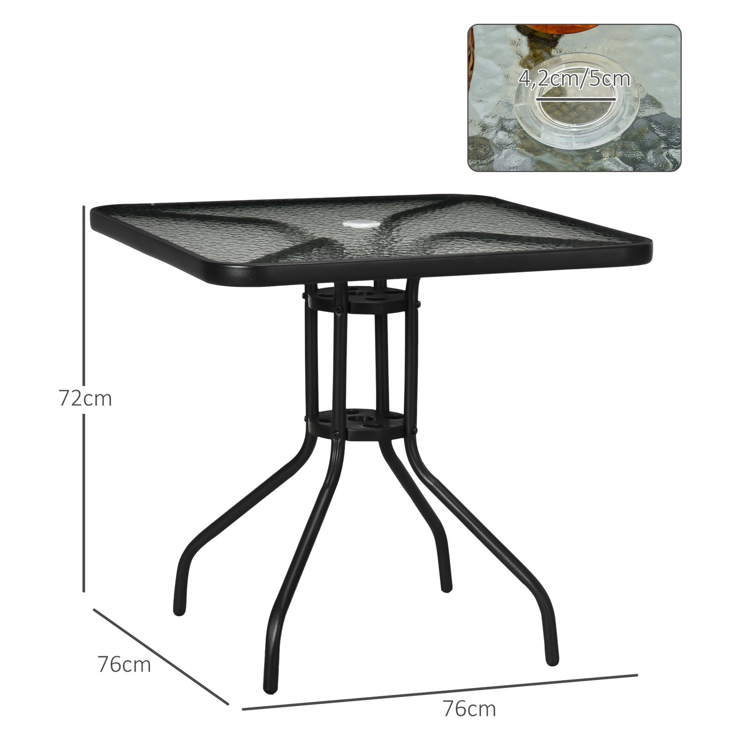 Fyrkantigt trädgårdsbord i metall, 76x76 cm, väderbeständigt, svart