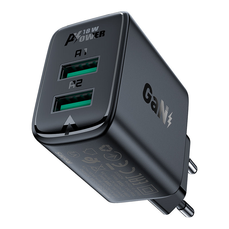 GaN nätverksladdare 2x USB 18W QC 3.0 AFC FCP svart