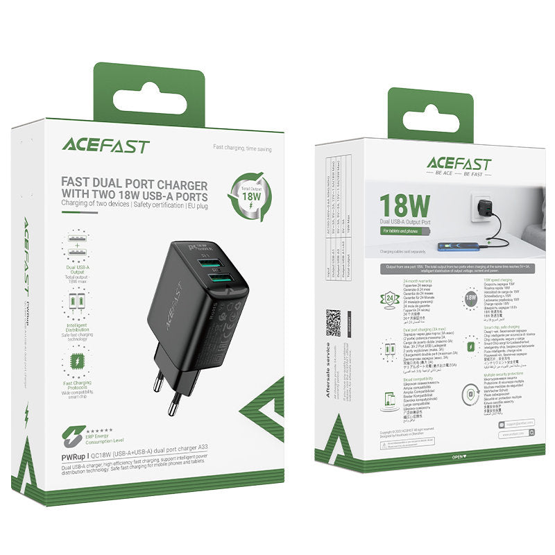 GaN nätverksladdare 2x USB 18W QC 3.0 AFC FCP svart