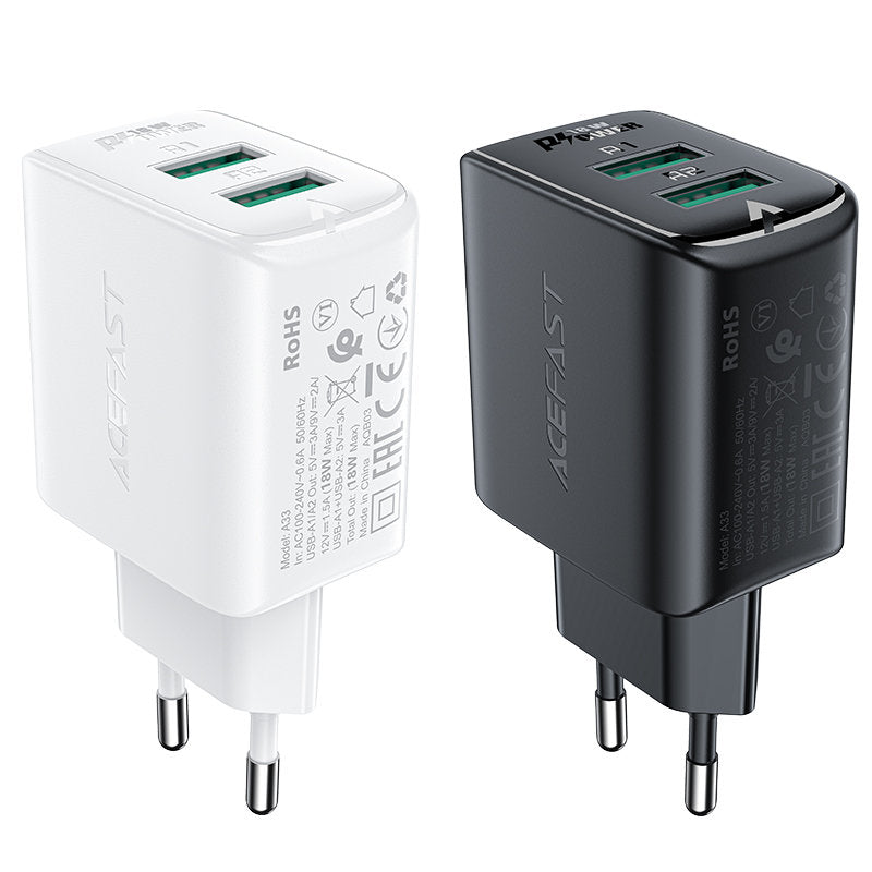 GaN nätverksladdare 2x USB 18W QC 3.0 AFC FCP svart