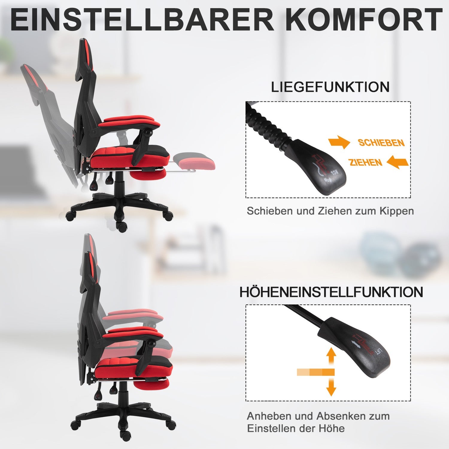 Gaming Chair – Ergonomisk kontorsstol med fotstöd, svart & rött