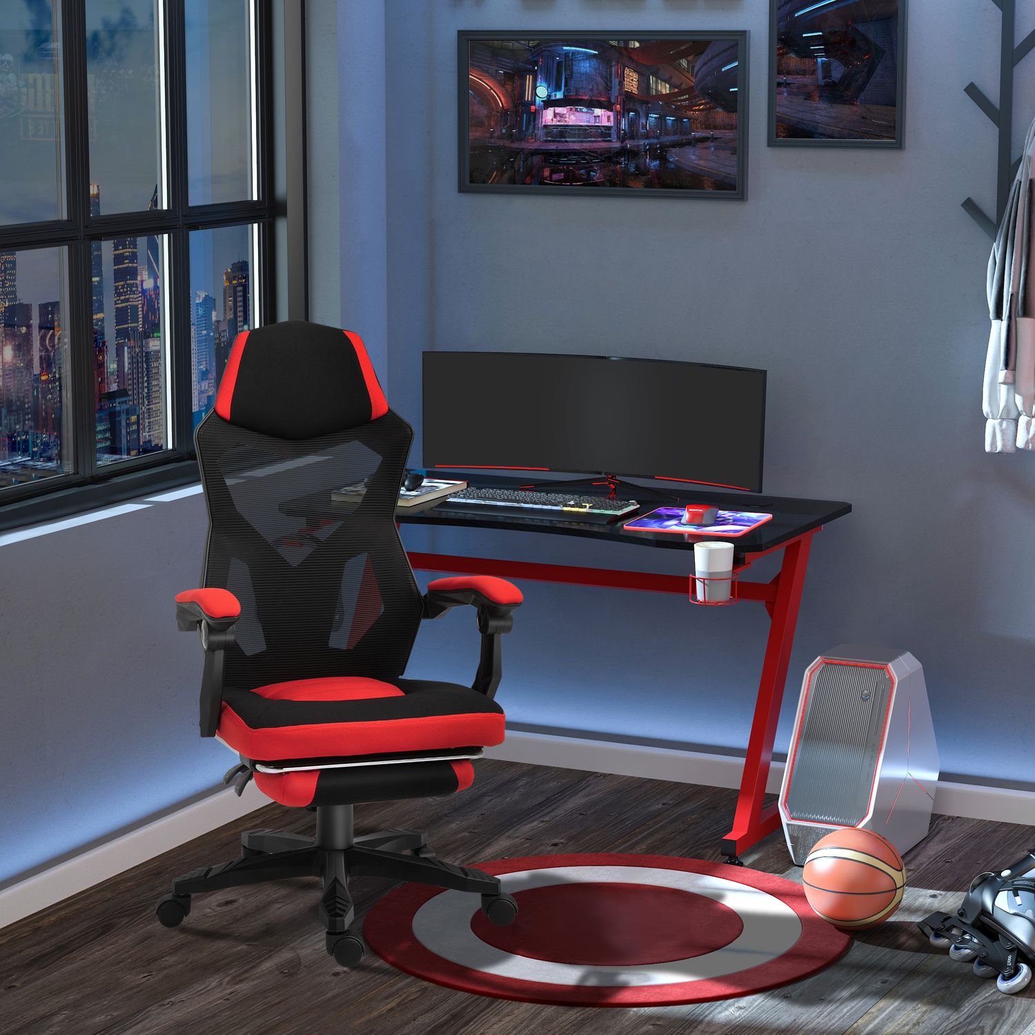 Gaming Chair – Ergonomisk kontorsstol med fotstöd, svart & rött