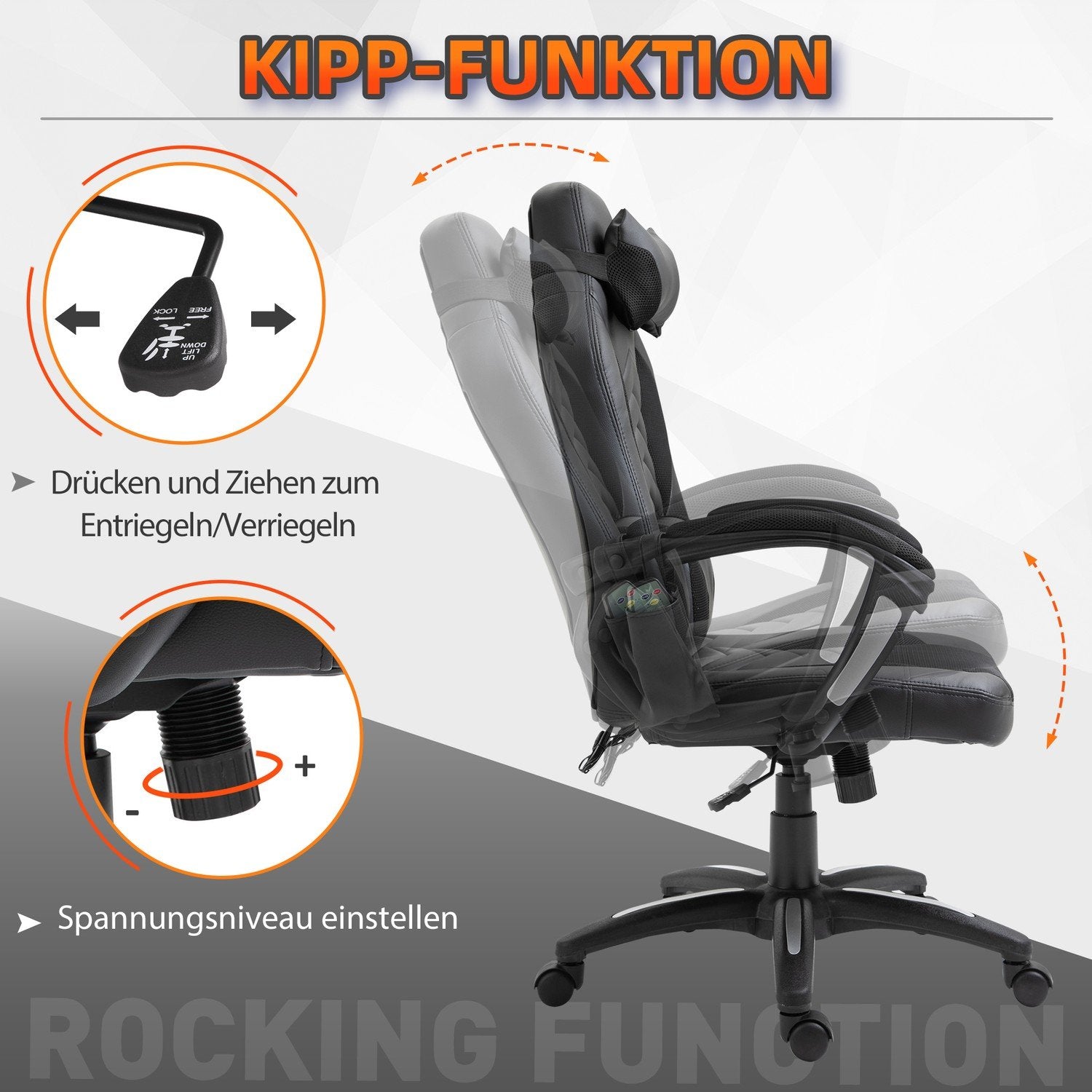 Gaming Stol Kontorstol Med Varmefunksjon 6 Vibrasjonspunkter Ergonomisk Spinning Stol Massasjestol Kunstskinn Sort B68 X D69 XH (108-117) Cm