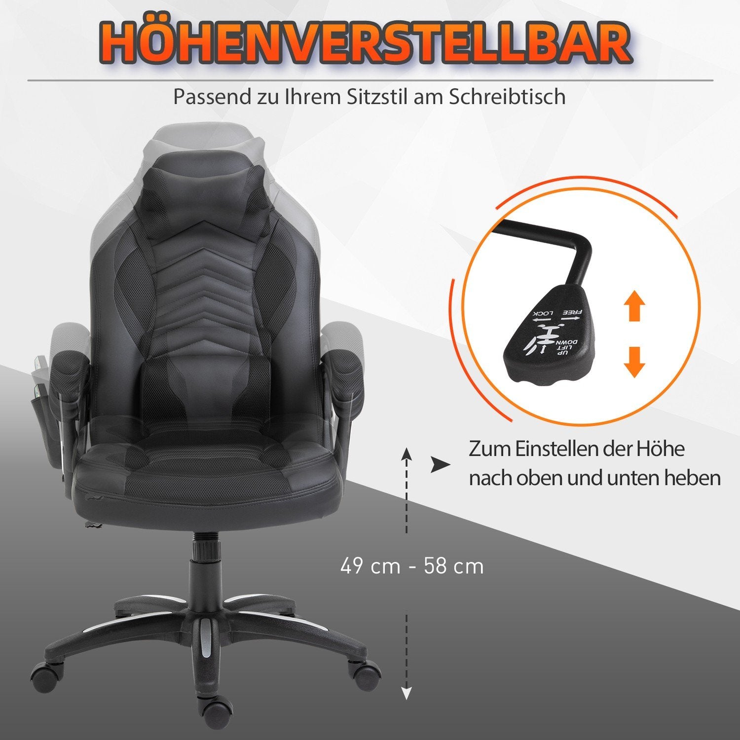 Gaming Stol Kontorstol Med Varmefunksjon 6 Vibrasjonspunkter Ergonomisk Spinning Stol Massasjestol Kunstskinn Sort B68 X D69 XH (108-117) Cm