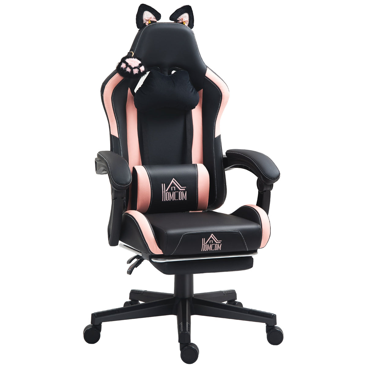 Gamingstol med kattöron, vilfåtölj, fotstöd, rosa/svart