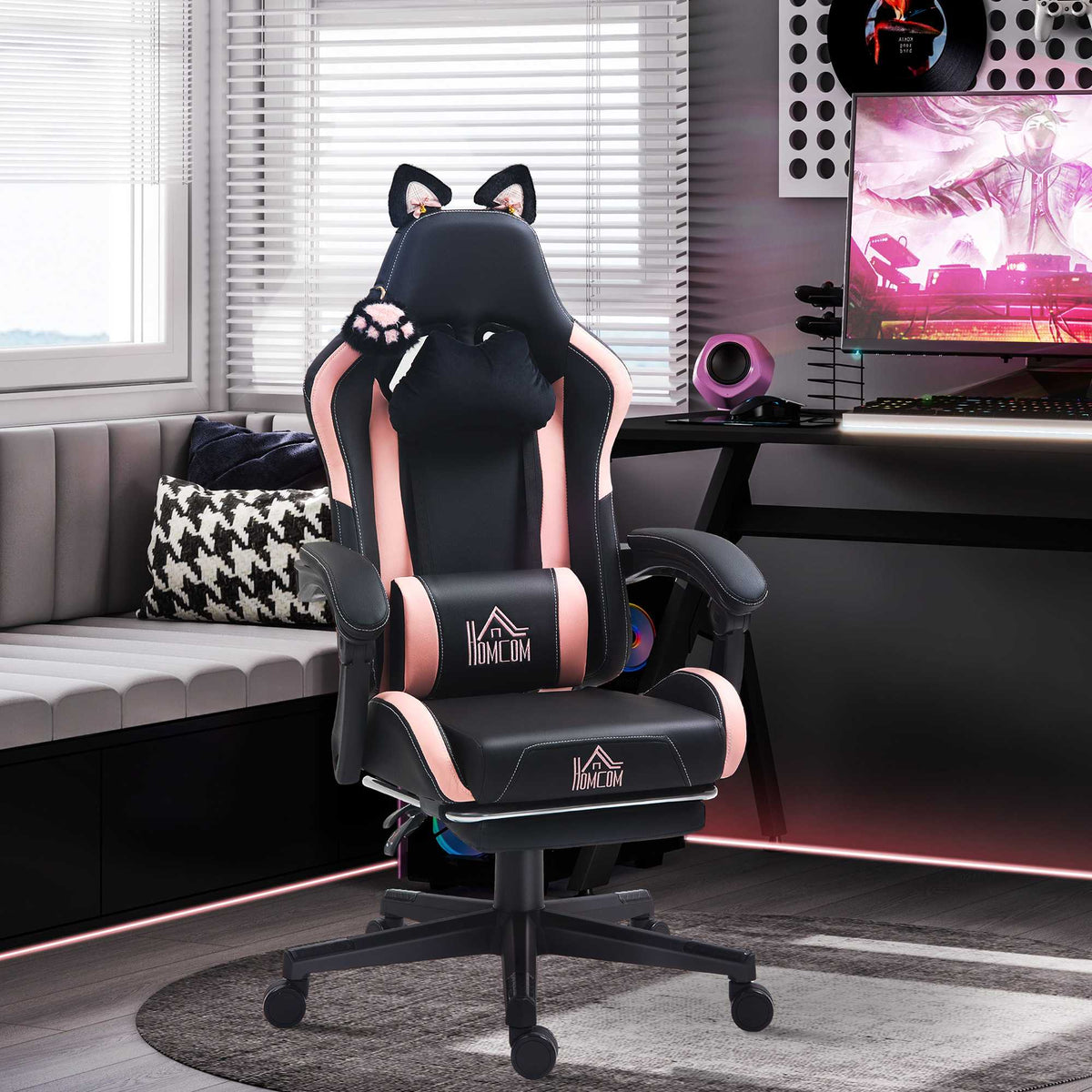Gamingstol med katteører, hvilestol, fotstøtte, rosa/svart
