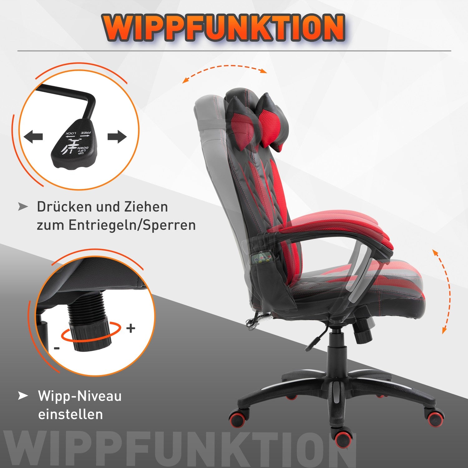 Gamingstol med värme och massage, röd PU, justerbar