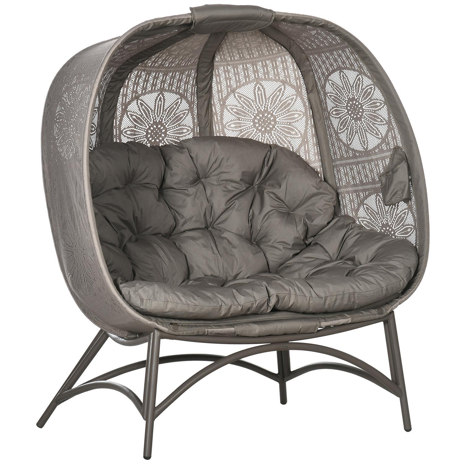 Hagestol 2-seter kurvstol med sammenleggbar kurv Papasan stol med pute Lounge stol til balkong Uteplass Stål Sand 126 X 75 X 142 Cm