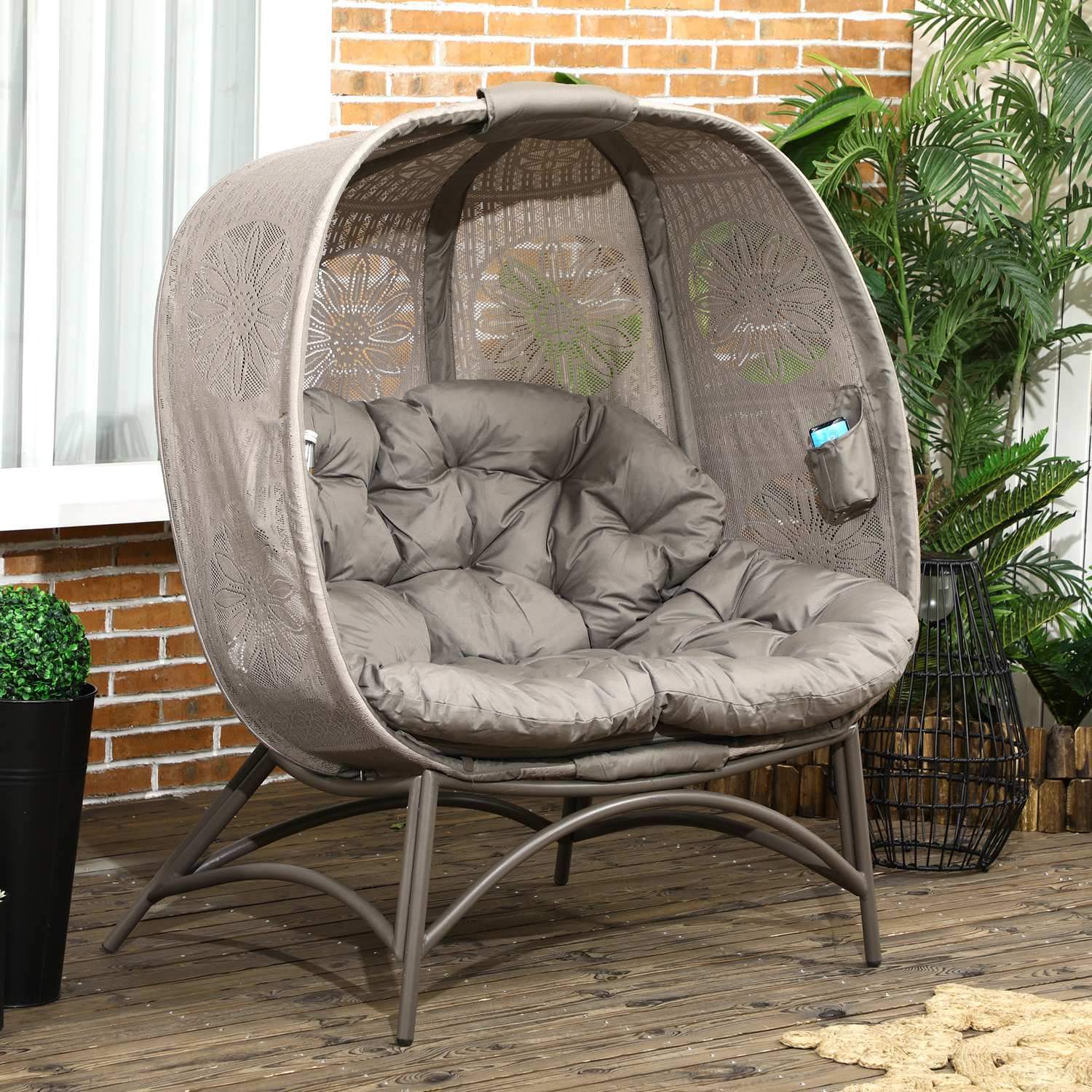 Hagestol 2-seter kurvstol med sammenleggbar kurv Papasan stol med pute Lounge stol til balkong Uteplass Stål Sand 126 X 75 X 142 Cm