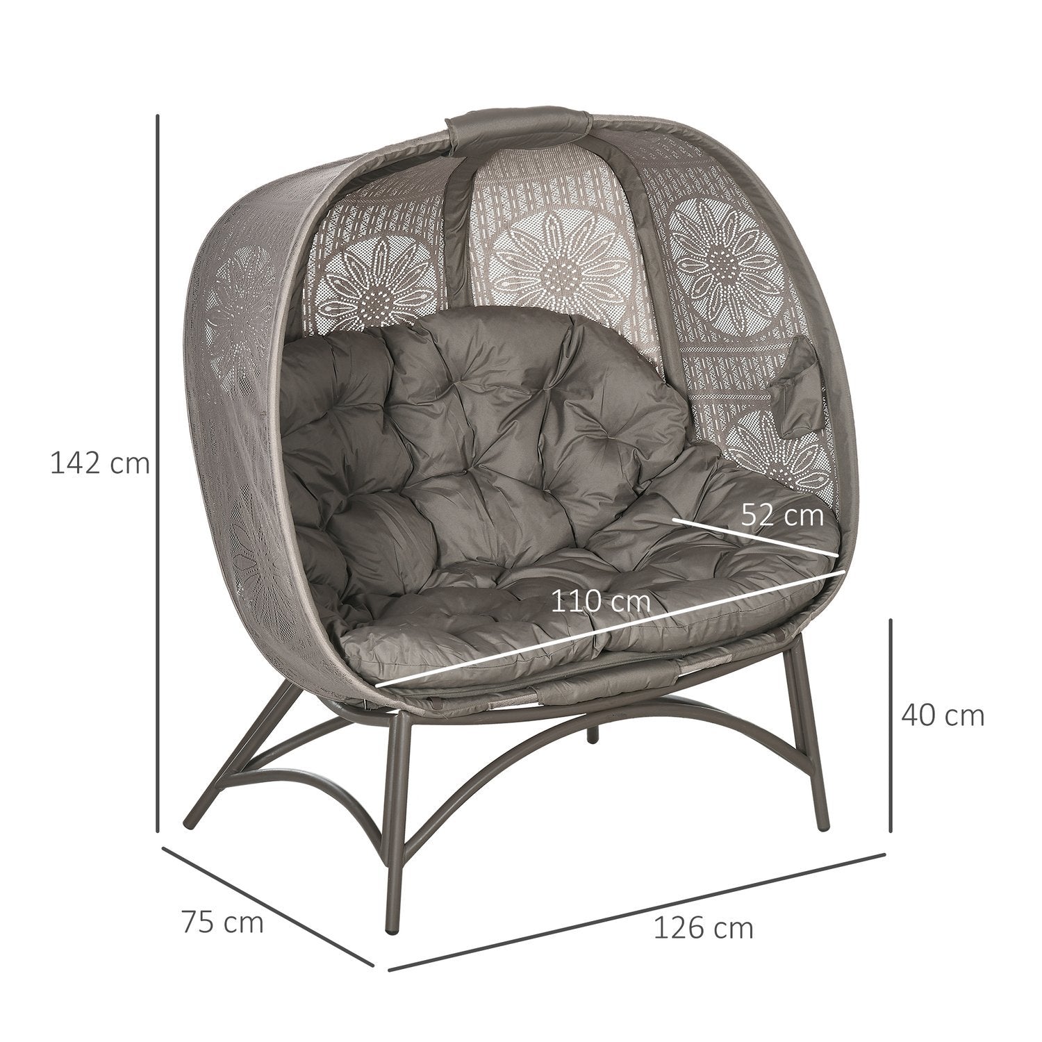 Hagestol 2-seter kurvstol med sammenleggbar kurv Papasan stol med pute Lounge stol til balkong Uteplass Stål Sand 126 X 75 X 142 Cm