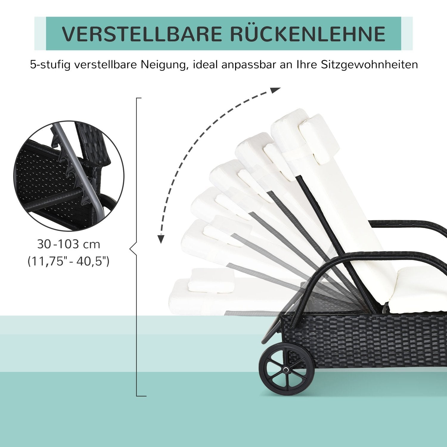 Hagemøbler Hagestol Solseng Mobil med pute, polyrotting + metall, svart, 200 X 73 X 30-103 cm