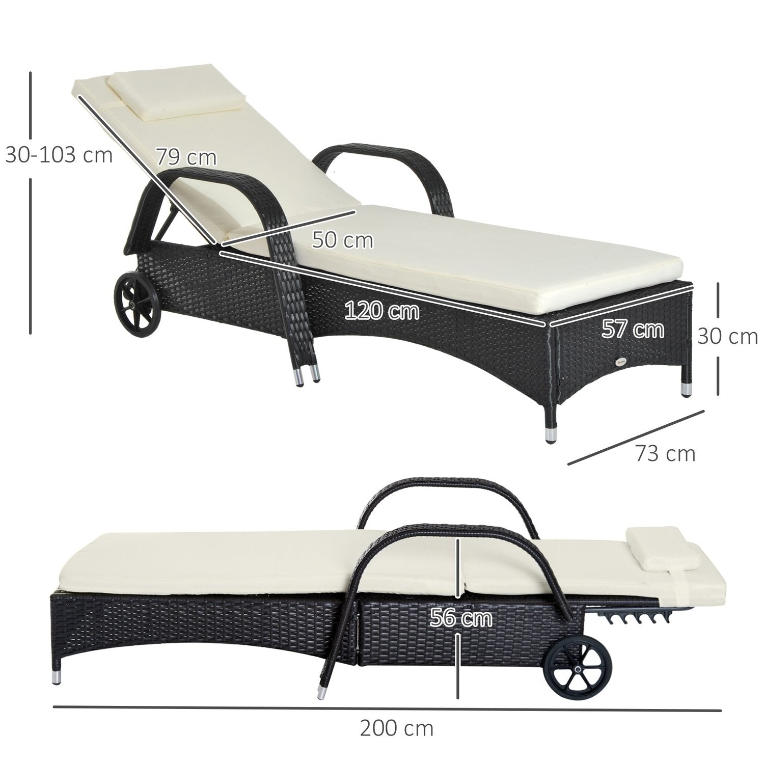 Hagemøbler Hagestol Solseng Mobil med pute, polyrotting + metall, svart, 200 X 73 X 30-103 cm