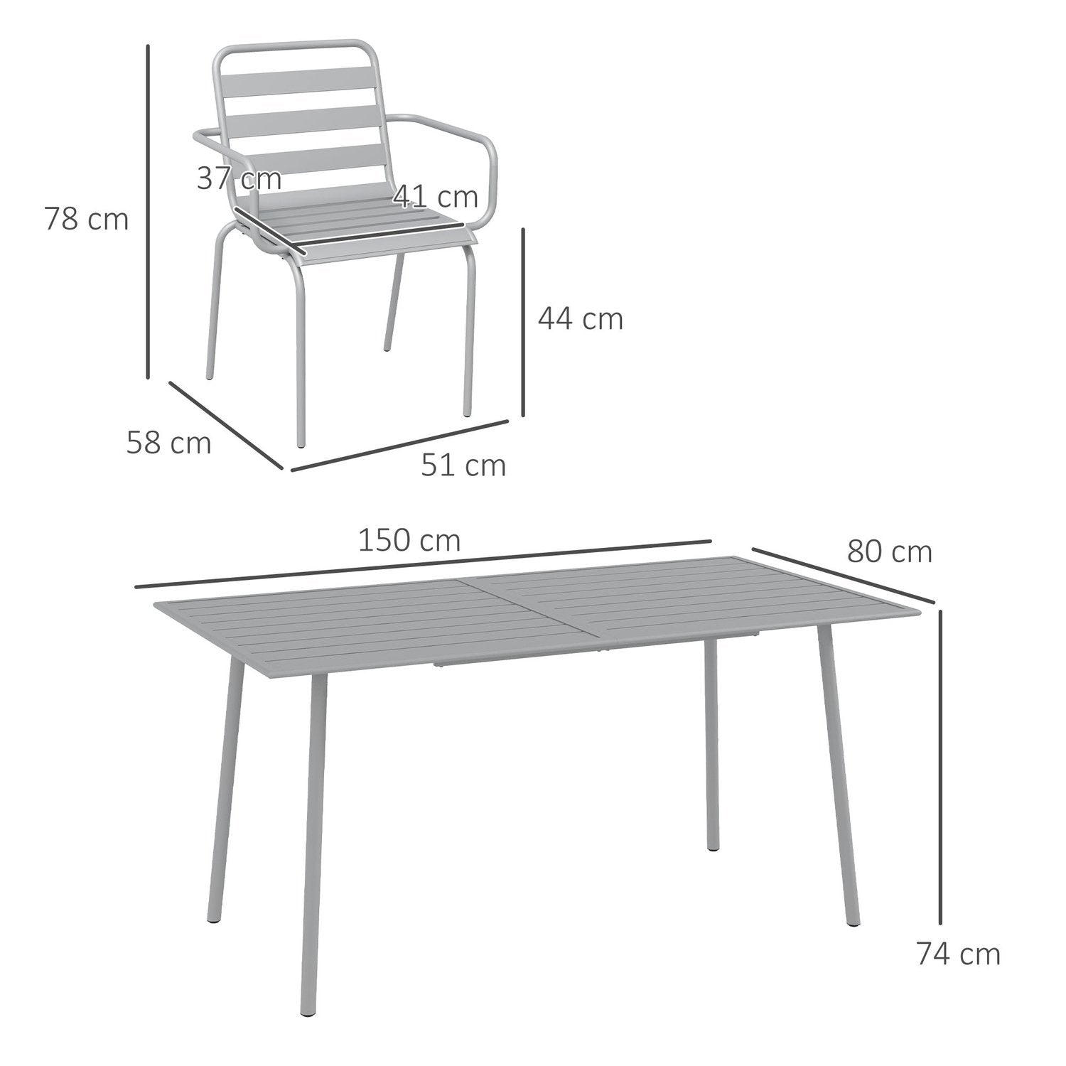 Hagemøbelsett, Sittegruppe, Spisebord, 6 stablebare stoler, Balkong, Terrasse, Stål, Lys grå