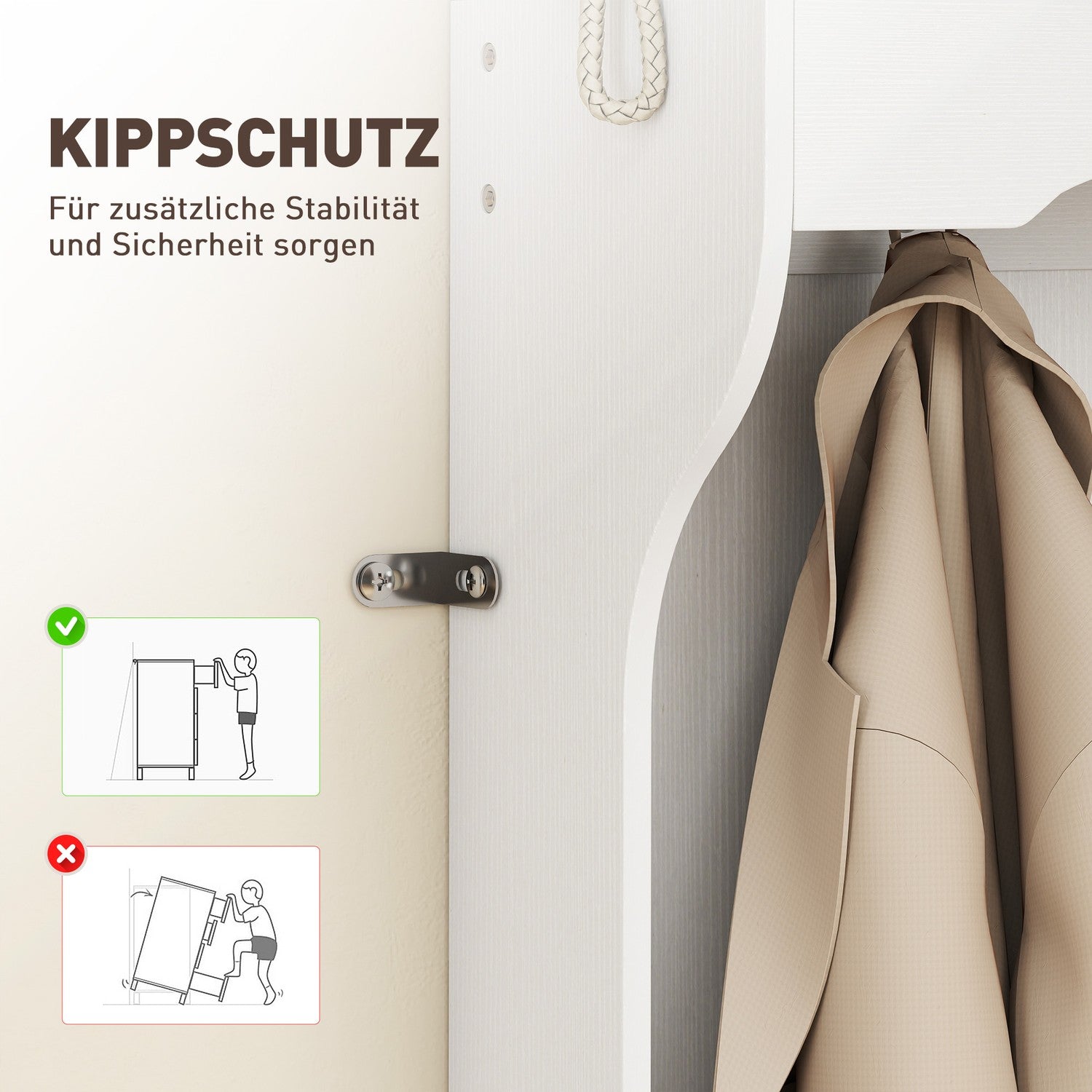 Garderob med hylla, bänk, krokar, skofack, vit