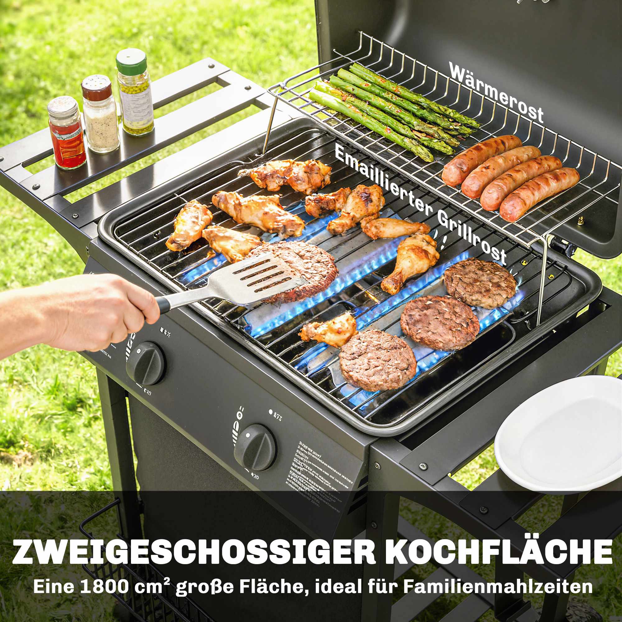 Gasgrill 5kW, 2 brännare, rostfritt stål, sidobord