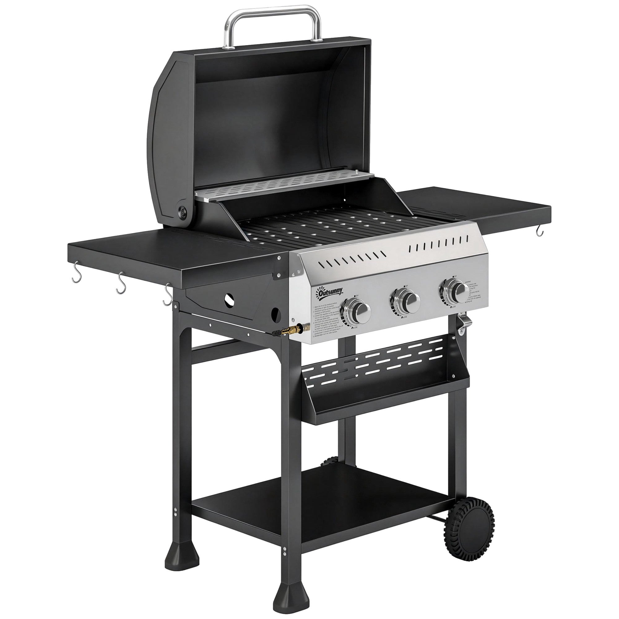 Gasgrill 9kW, 3 brännare, rostfritt stål, fällbara hyllor