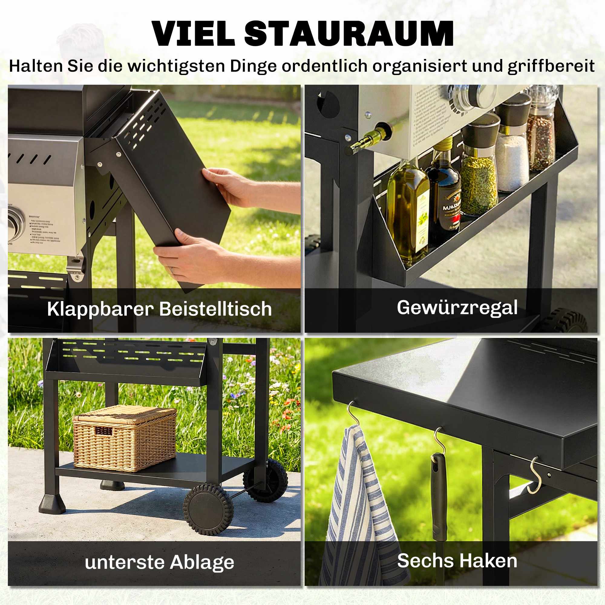 Gasgrill 9kW, 3 brännare, rostfritt stål, fällbara hyllor