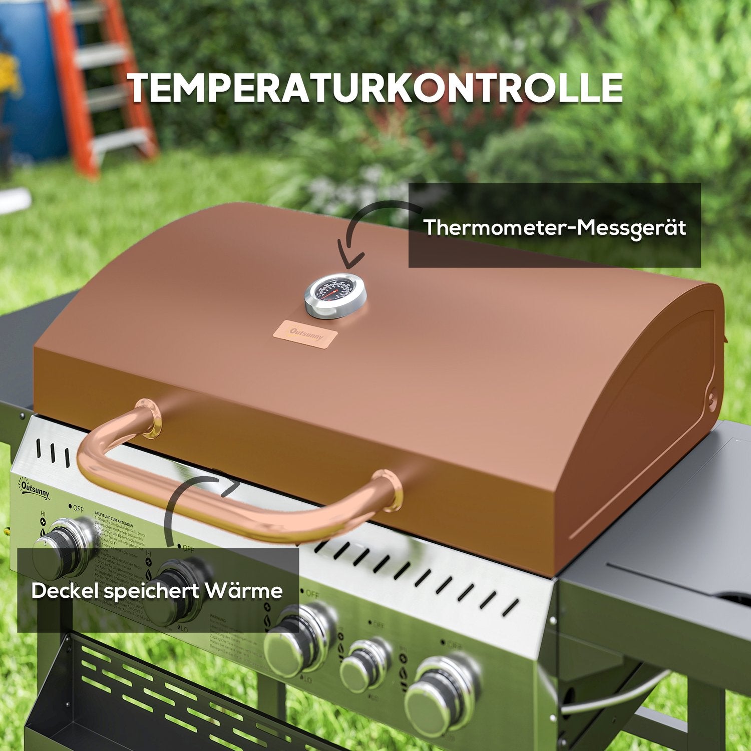 Gasgrill i rostfritt stål, 12KW, 4+1 brännare, med termometer