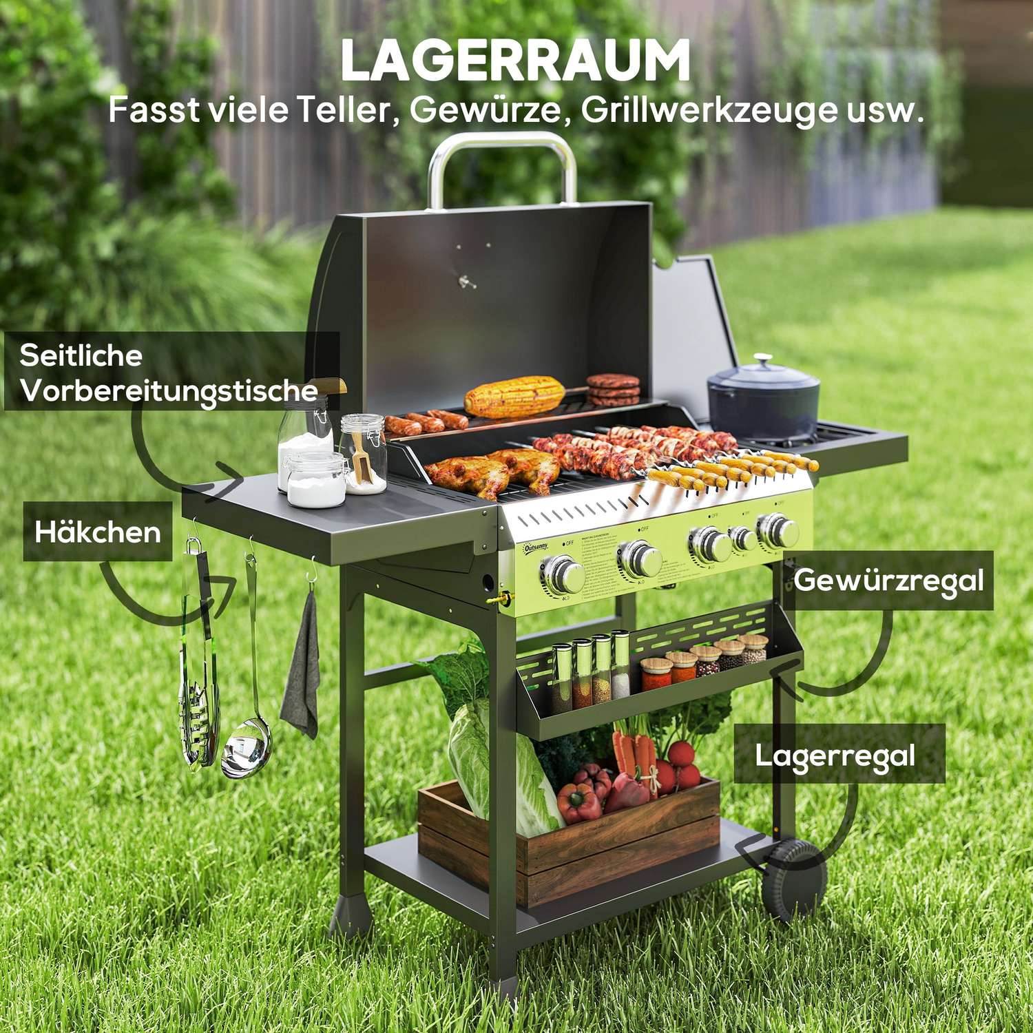 Gasgrill i rostfritt stål, 12KW, 4+1 brännare, med termometer