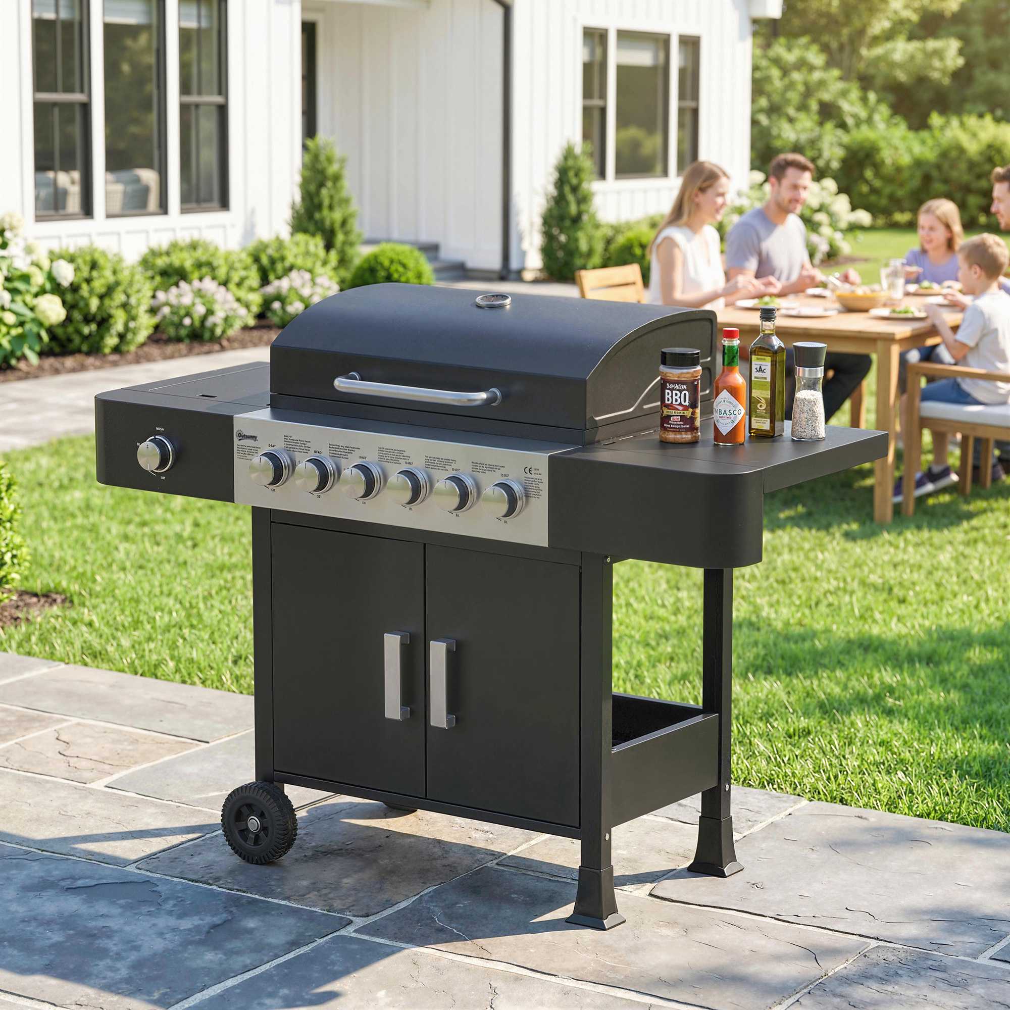 Gasgrill i rostfritt stål med 6 brännare och sidobrännare