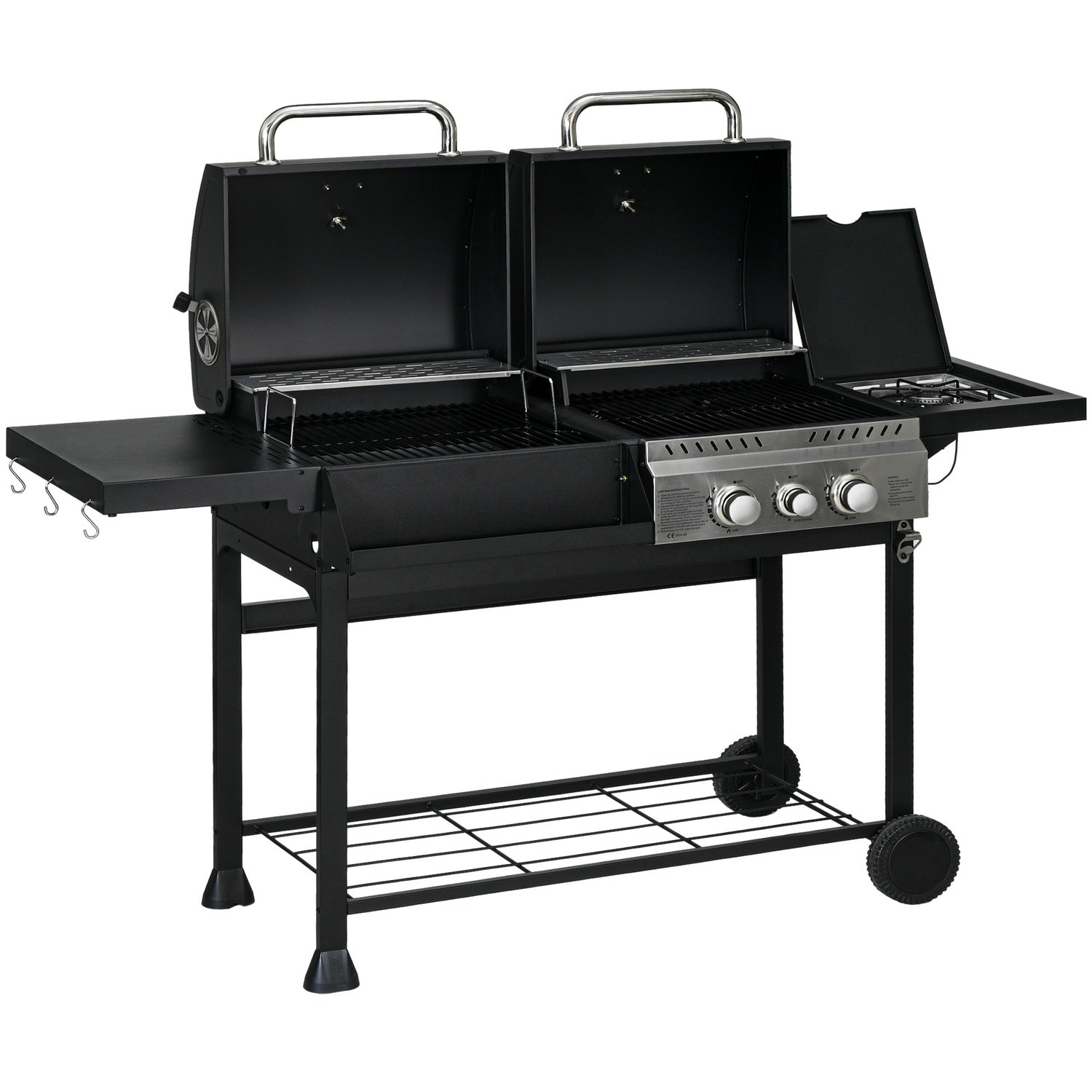 Gasgrillvagn med 3 brännare, termometer, hyllor