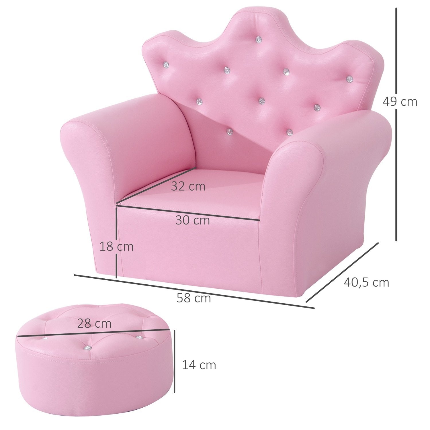 Jenter Lenestol Myk Sofa Krystall Knapper Krakk Rosa Komfortabel Fra 3 år 58X40,5X49Cm