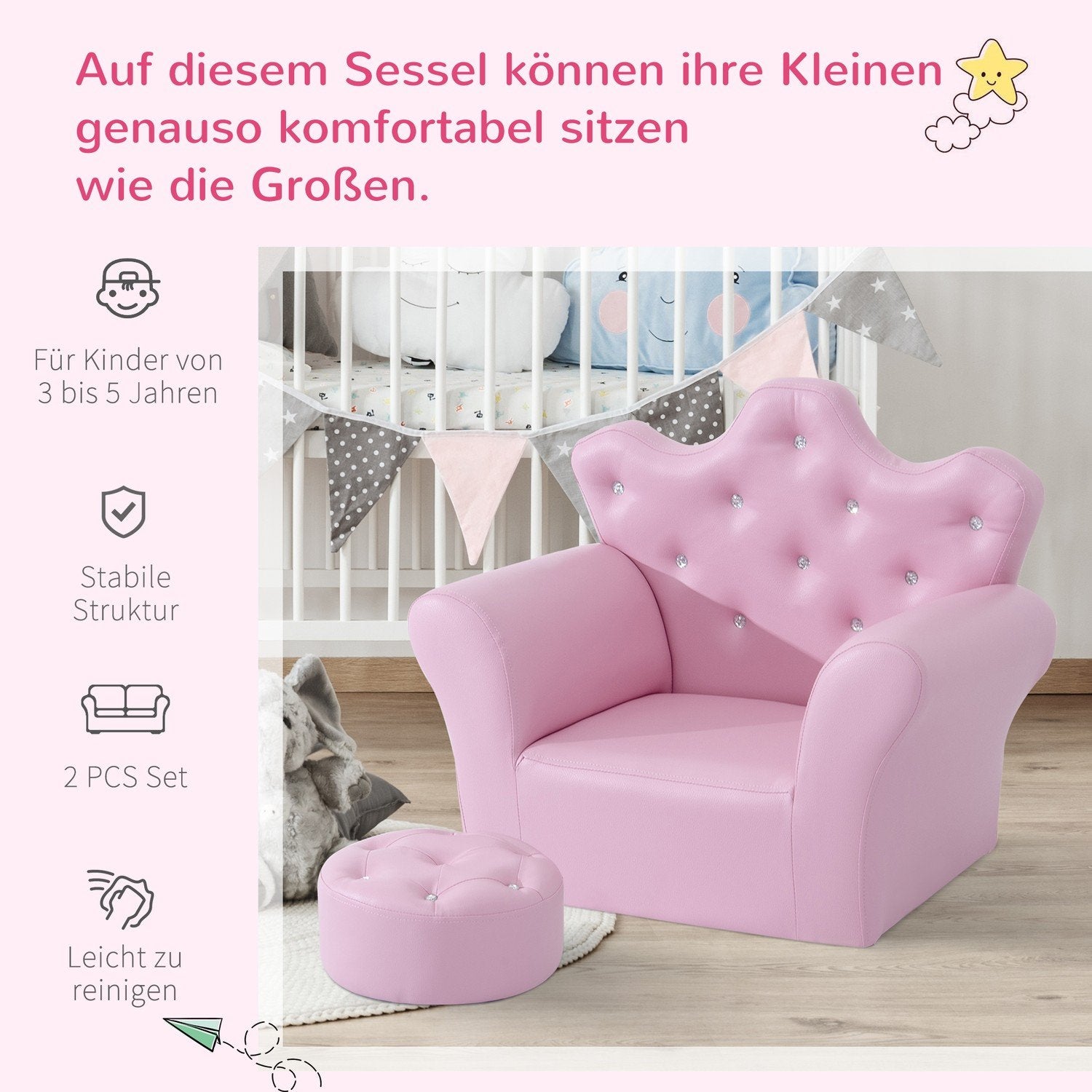 Jenter Lenestol Myk Sofa Krystall Knapper Krakk Rosa Komfortabel Fra 3 år 58X40,5X49Cm