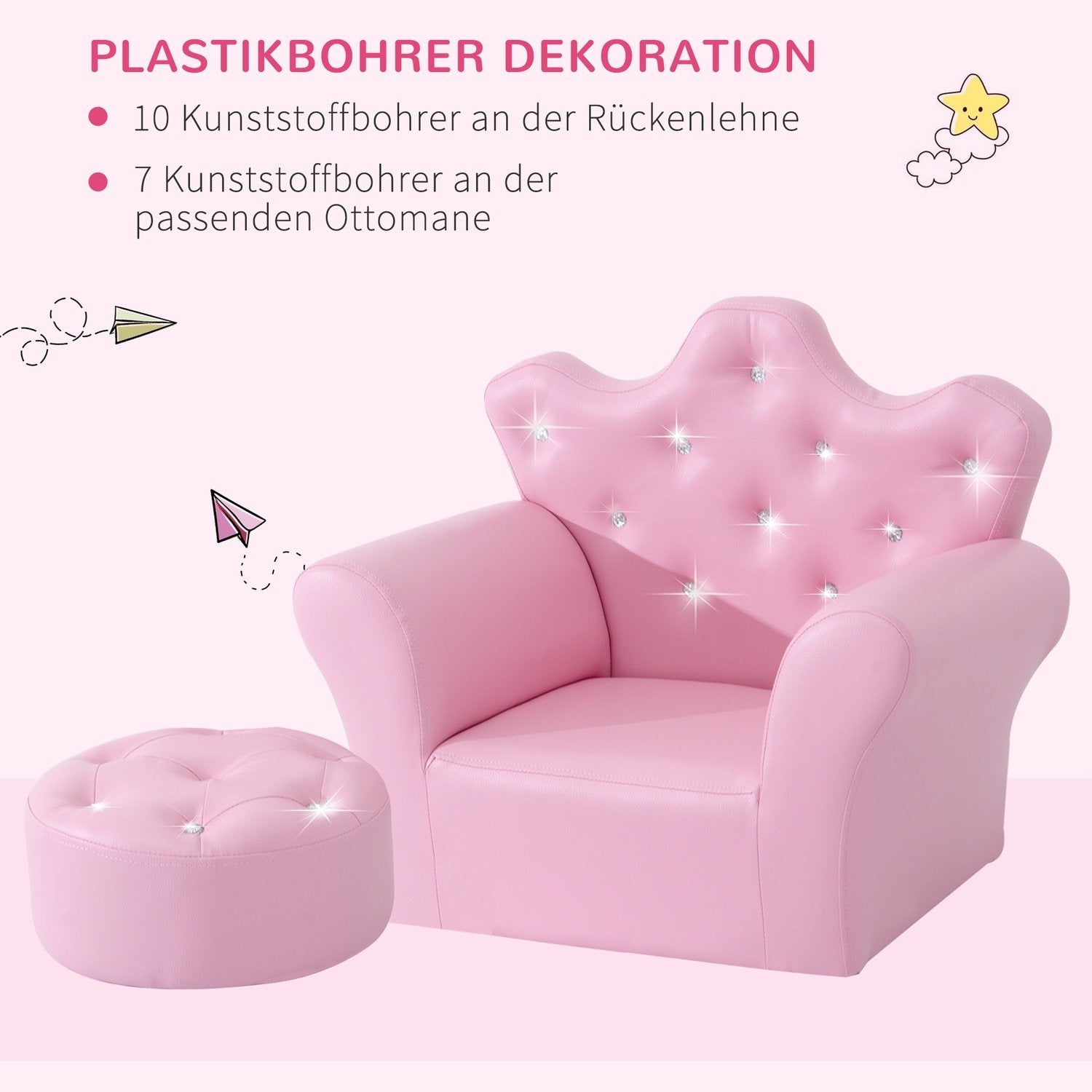 Jenter Lenestol Myk Sofa Krystall Knapper Krakk Rosa Komfortabel Fra 3 år 58X40,5X49Cm